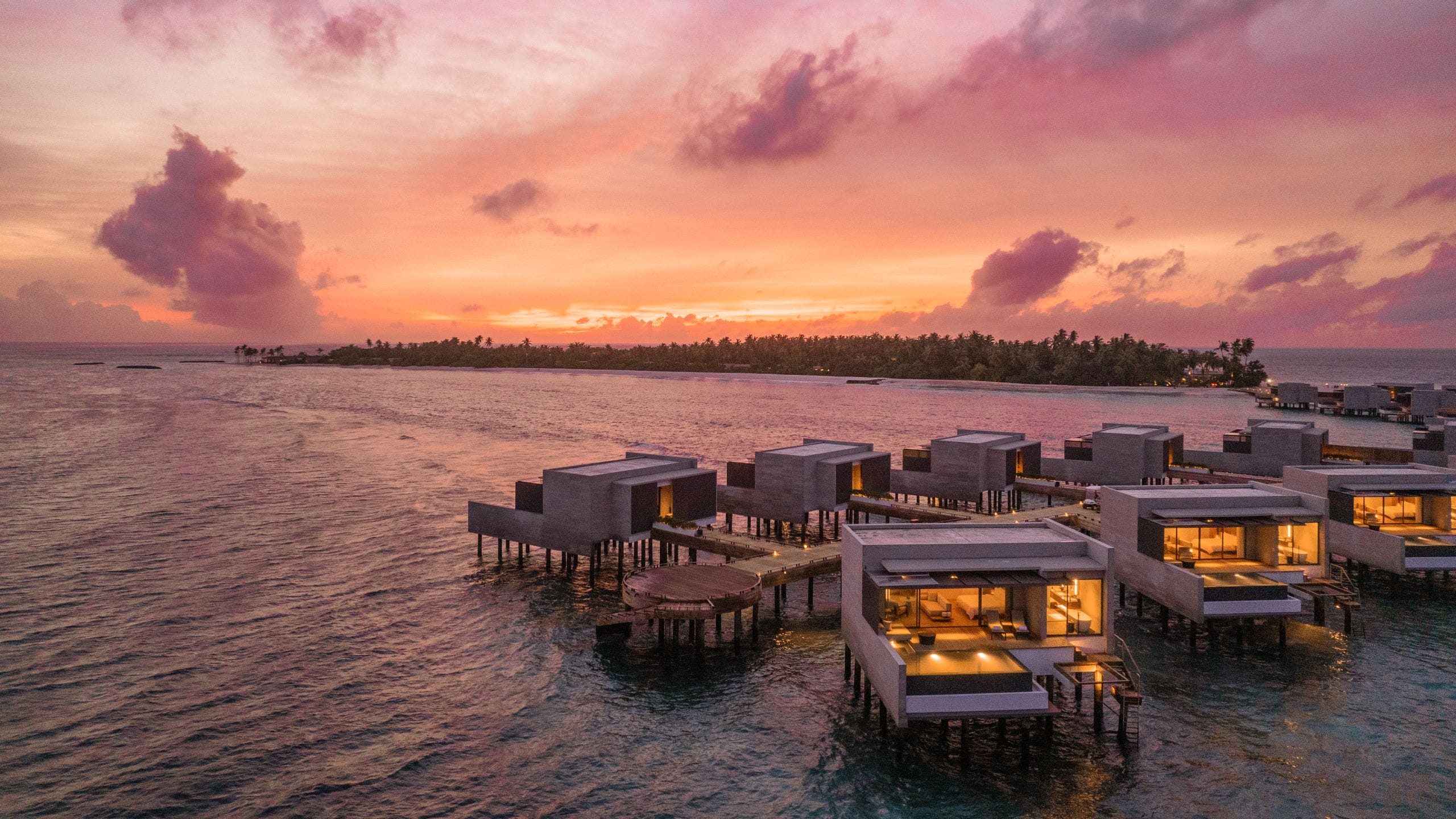 Alila Kothaifaru Maldives Water Villa Sunset Aerial Shot