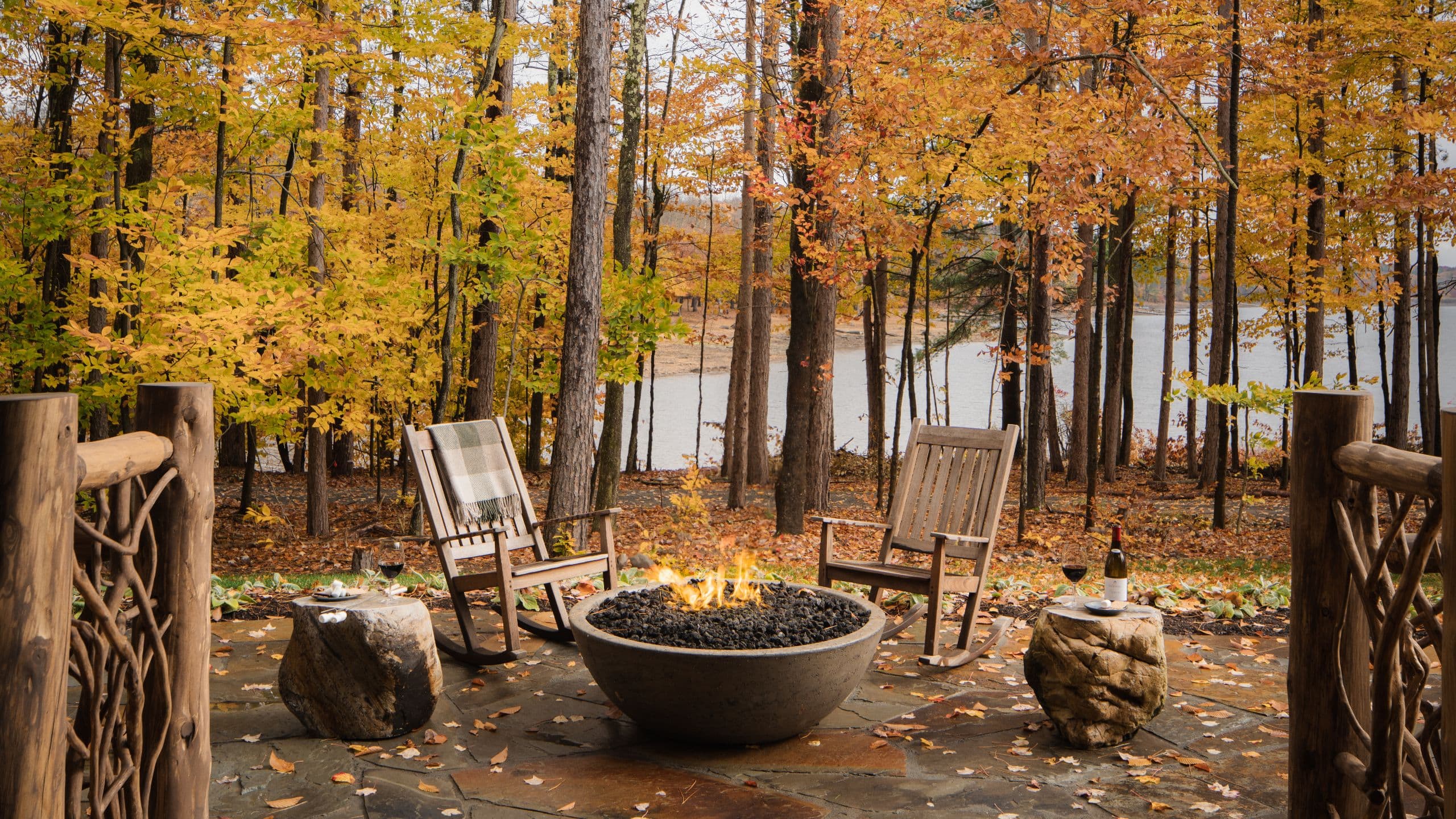 10 of 12 The Chatwal Lodge Stone Cottage Fall Firepit Lake View