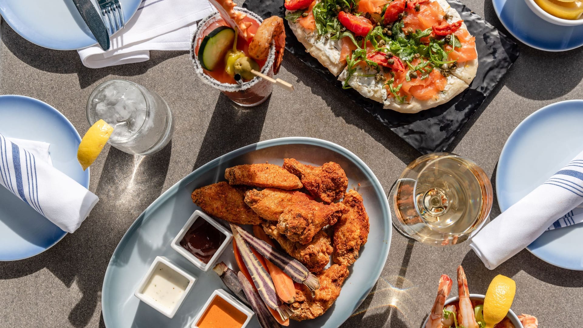 Manchester Grand Hyatt San Diego Sallys Flatbread Wings Shrimp Cocktail