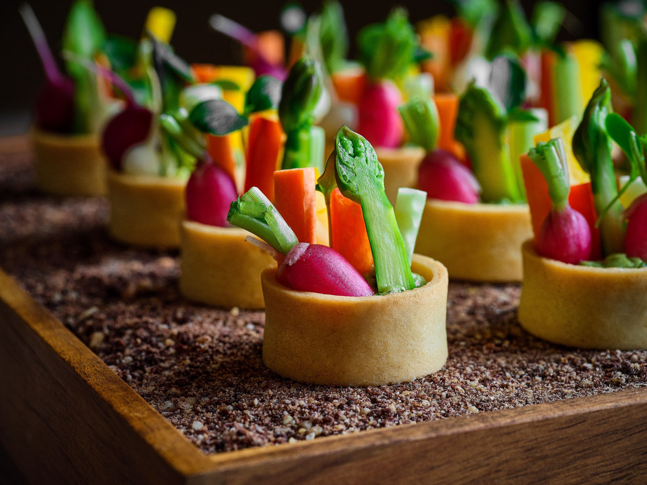 Global Vegetable Canape Detail Carrot Radish Asparagus