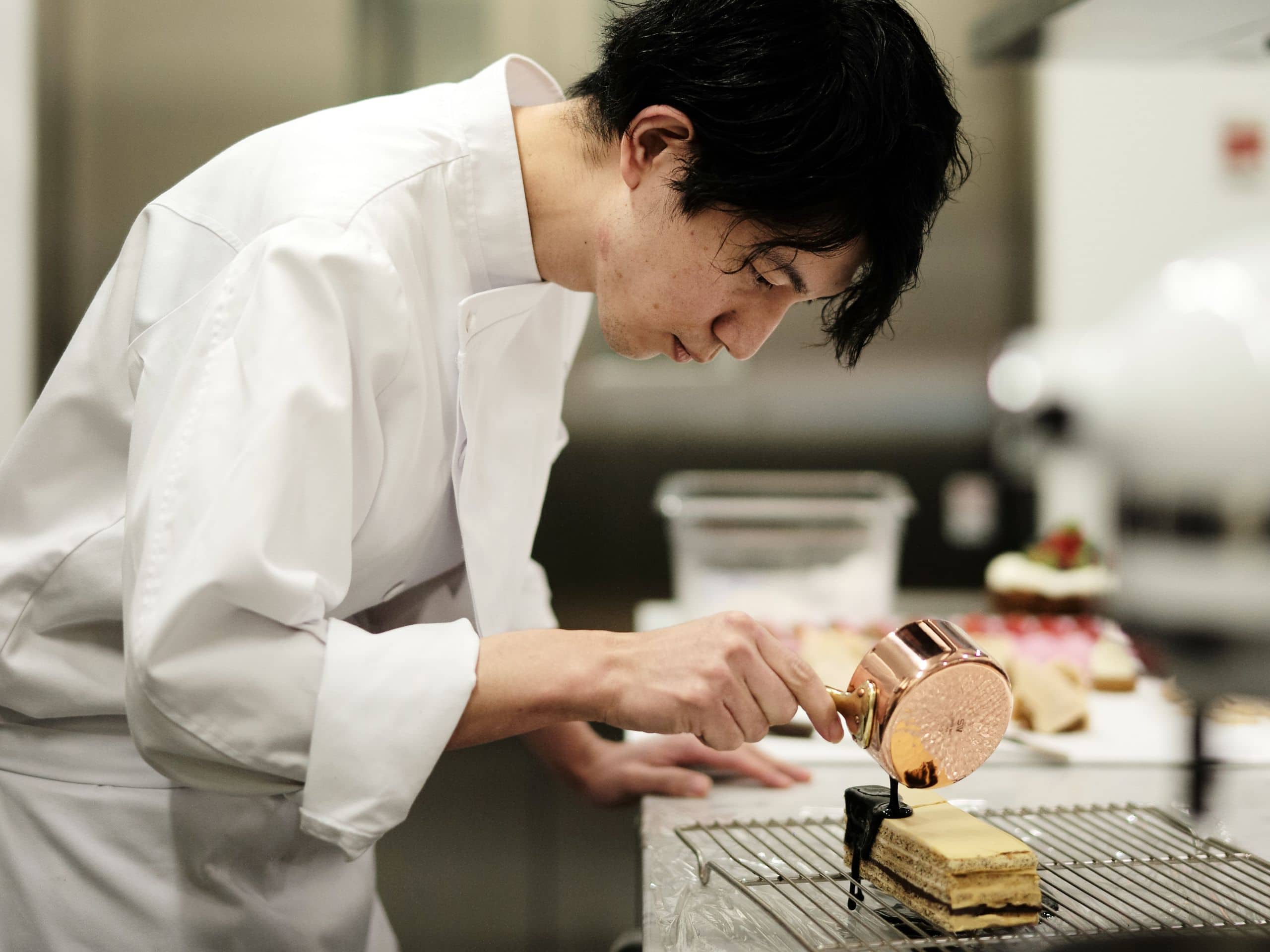 Fuji Speedway Hotel Pastry Chef Pouring Chocolate Opera Cake At Kitchen