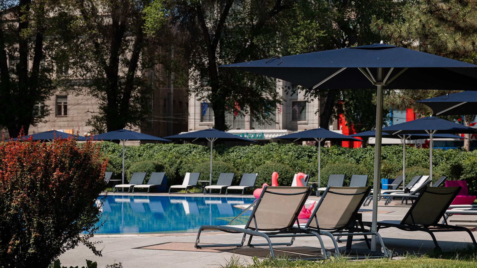 Hyatt Regency Bishkek Pool with Sun Loungers and Umbrella