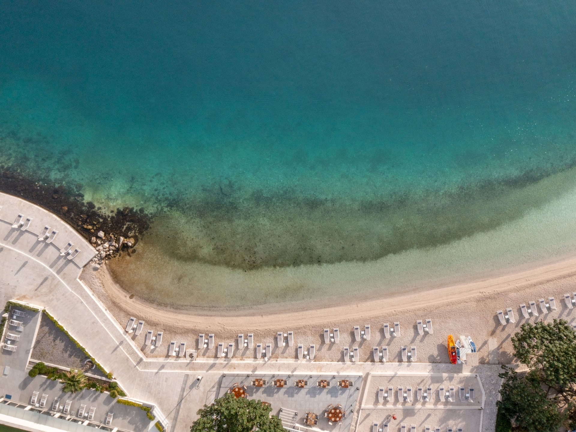 Hyatt Regency Kotor Bay Resort Outdoor Beach Aerial View Lounge Chairs