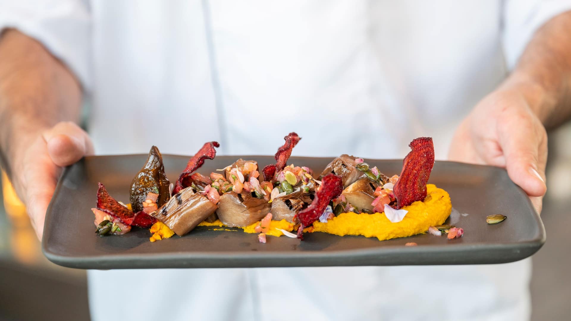Hyatt Regency Barcelona Tower Terrum Restaurant Roasted Aubergine Holding Plate