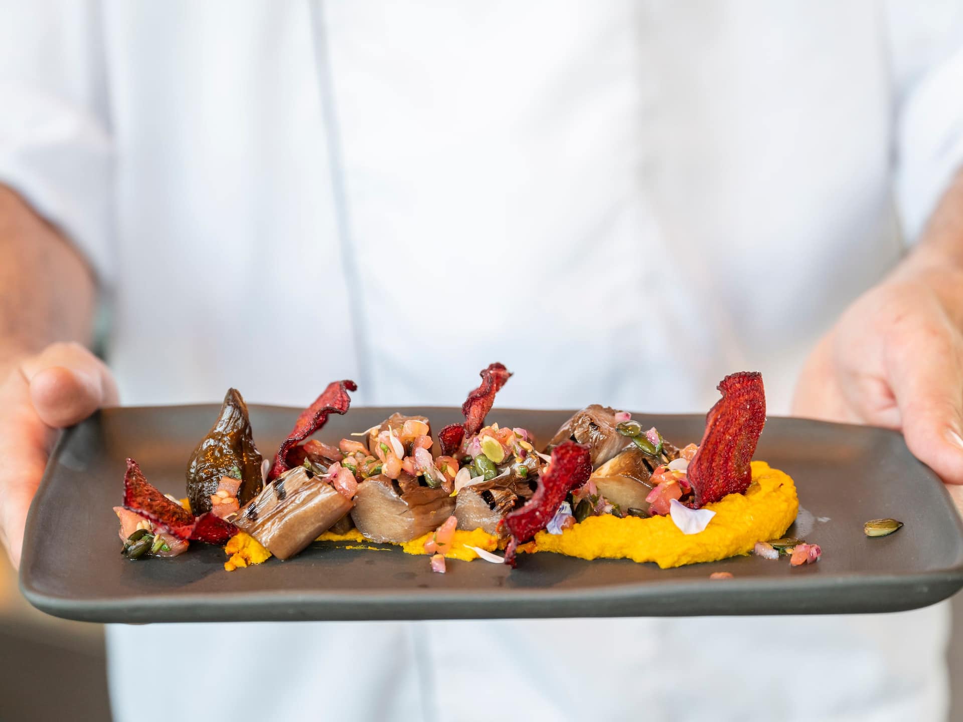 Hyatt Regency Barcelona Tower Terrum Restaurant Roasted Aubergine Holding Plate