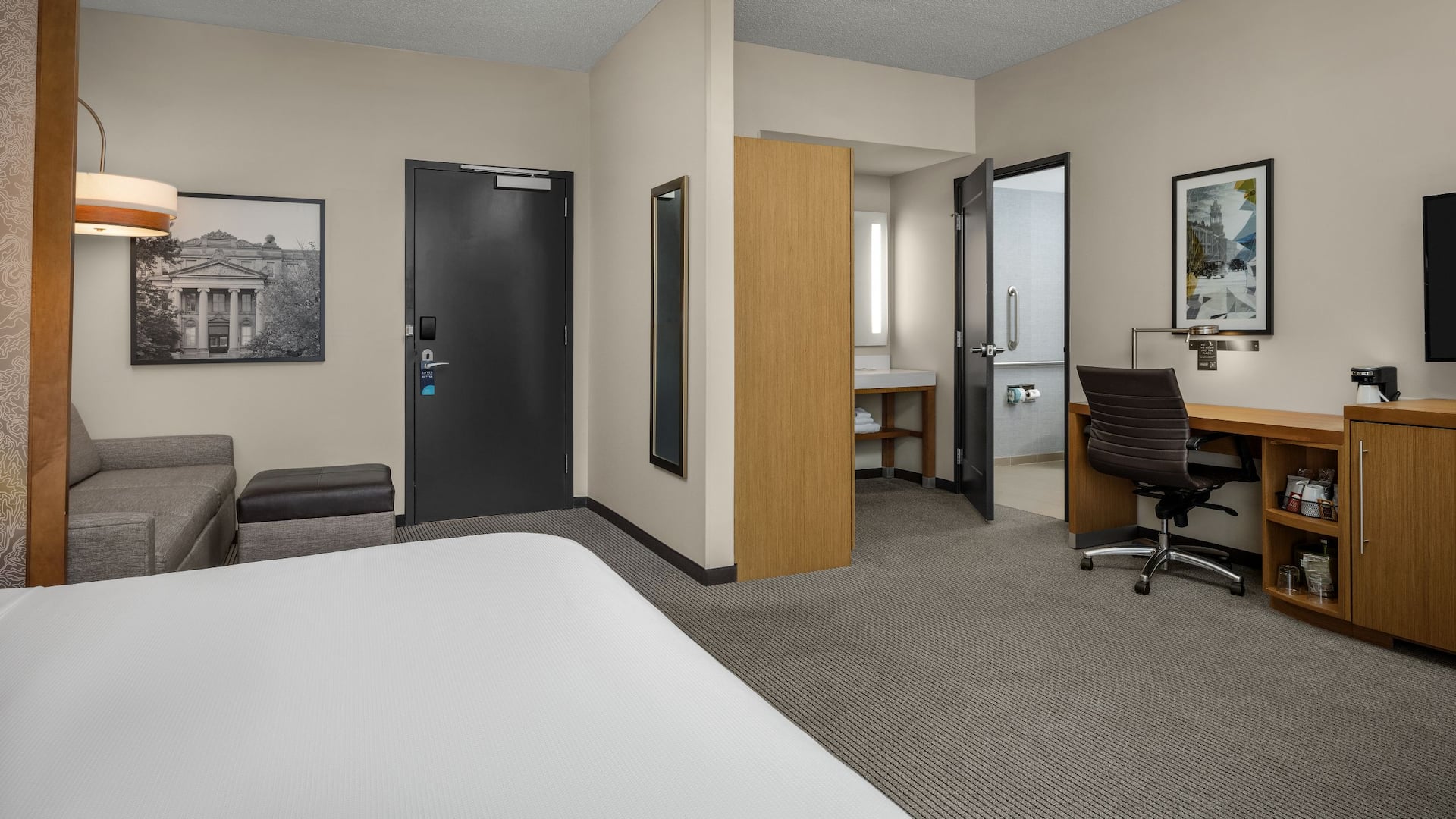 Hyatt Place Iowa City Downtown City View Room King Desk And Entrance