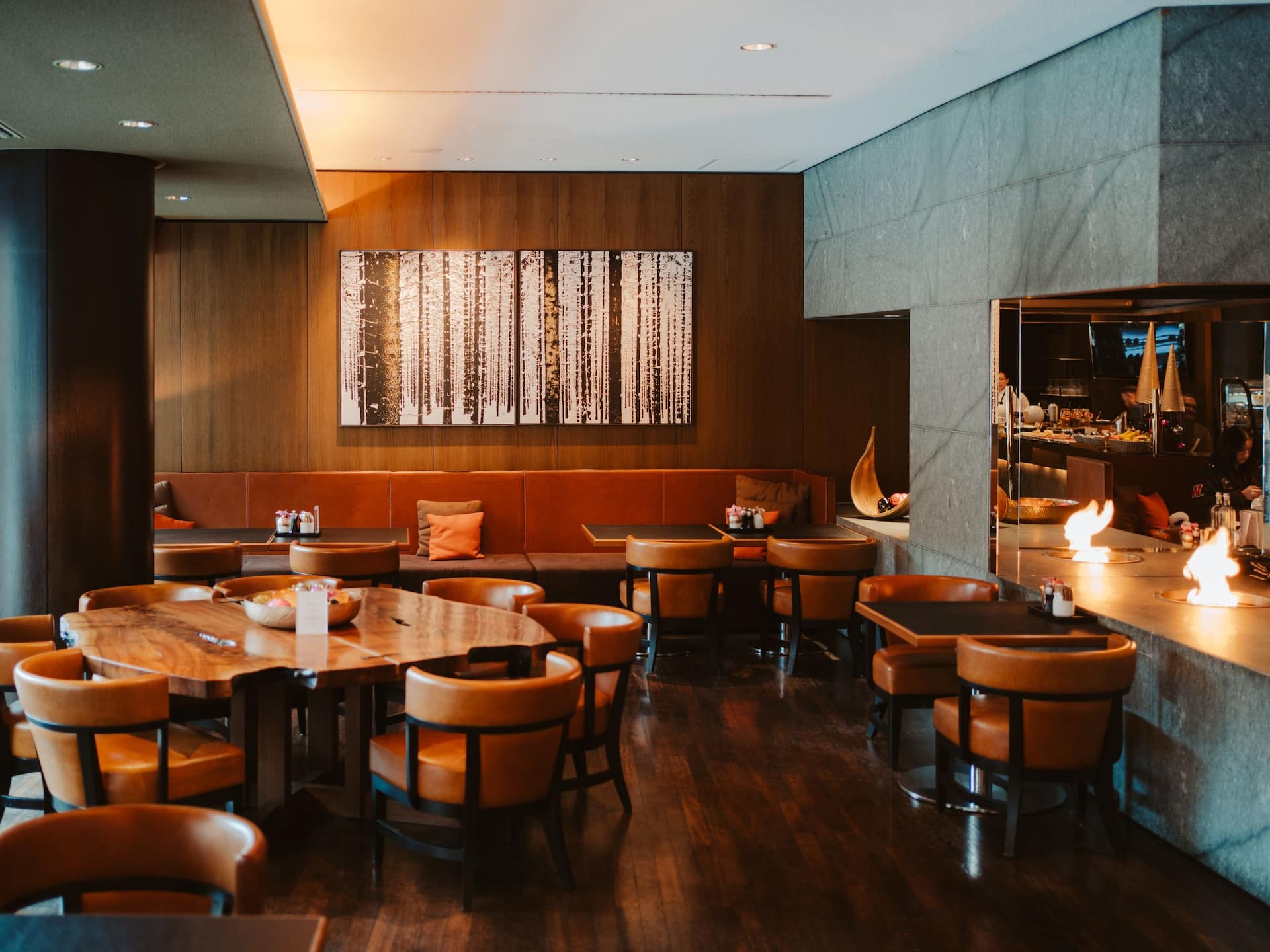 Bistro Mitte Lounge mit einer Indoor-Feuerstelle, Lederlounges und moderner Kunst an den Wänden schafft eine luxuriöse Atmosphäre im Grand Hyatt Berlin.