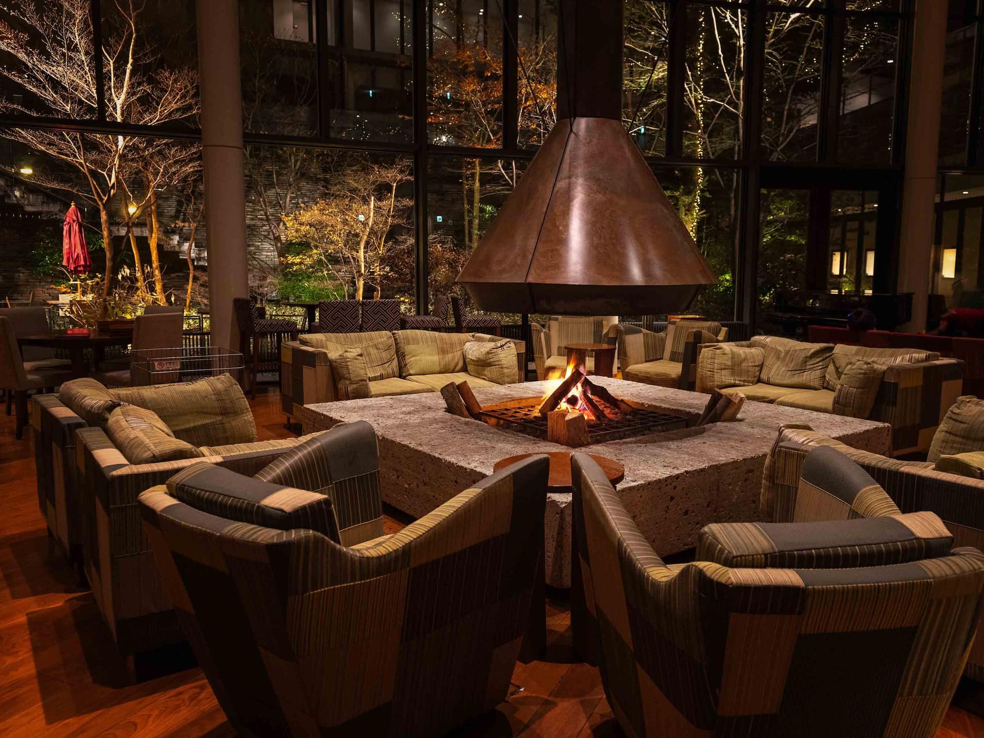 Hyatt Regency Hakone Resort and Spa Living Room Fireplace Seating Night