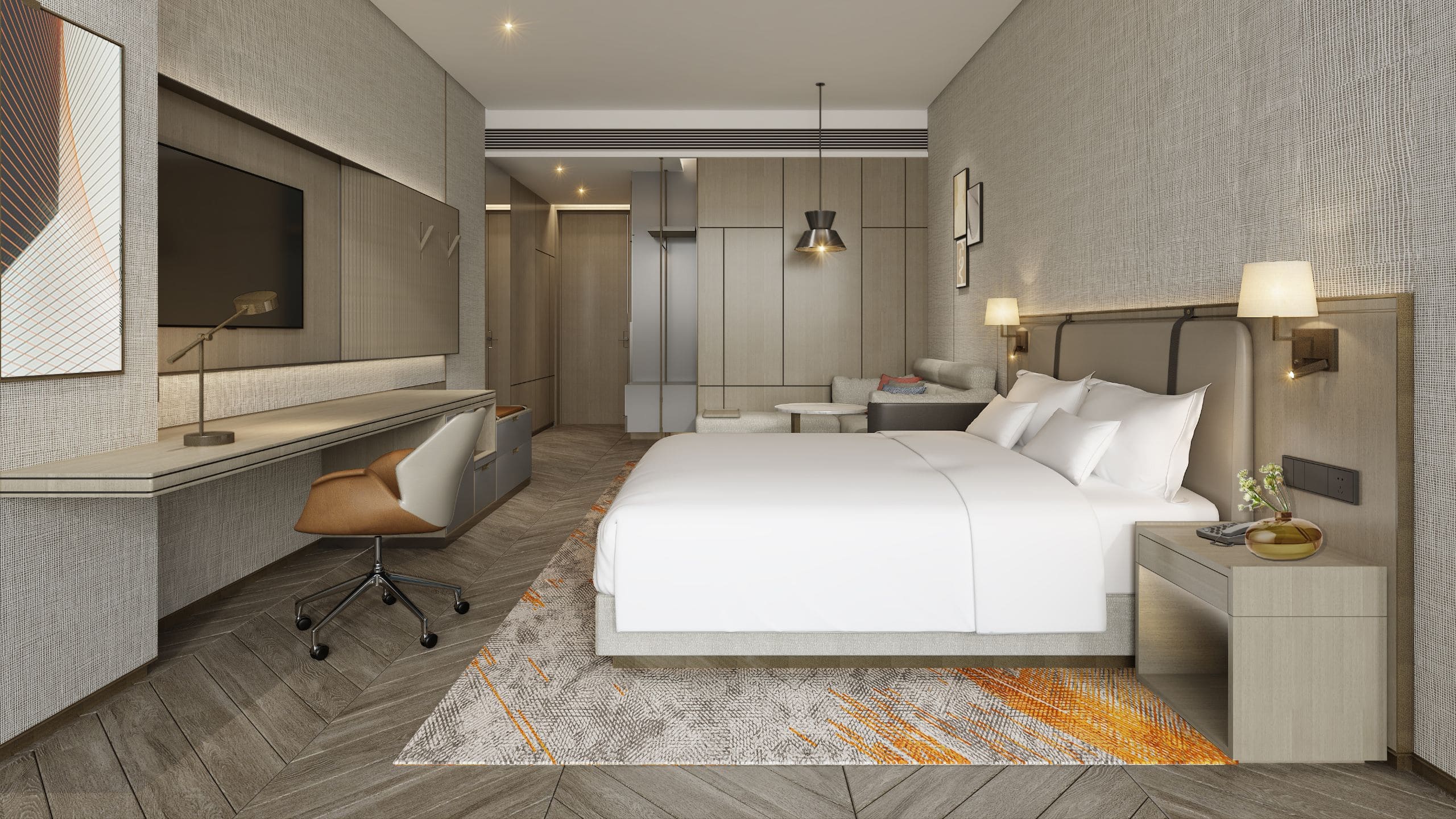 酒店房间装饰时尚现代,配有凯悦好梦大床和舒适空间组合式沙发床,55