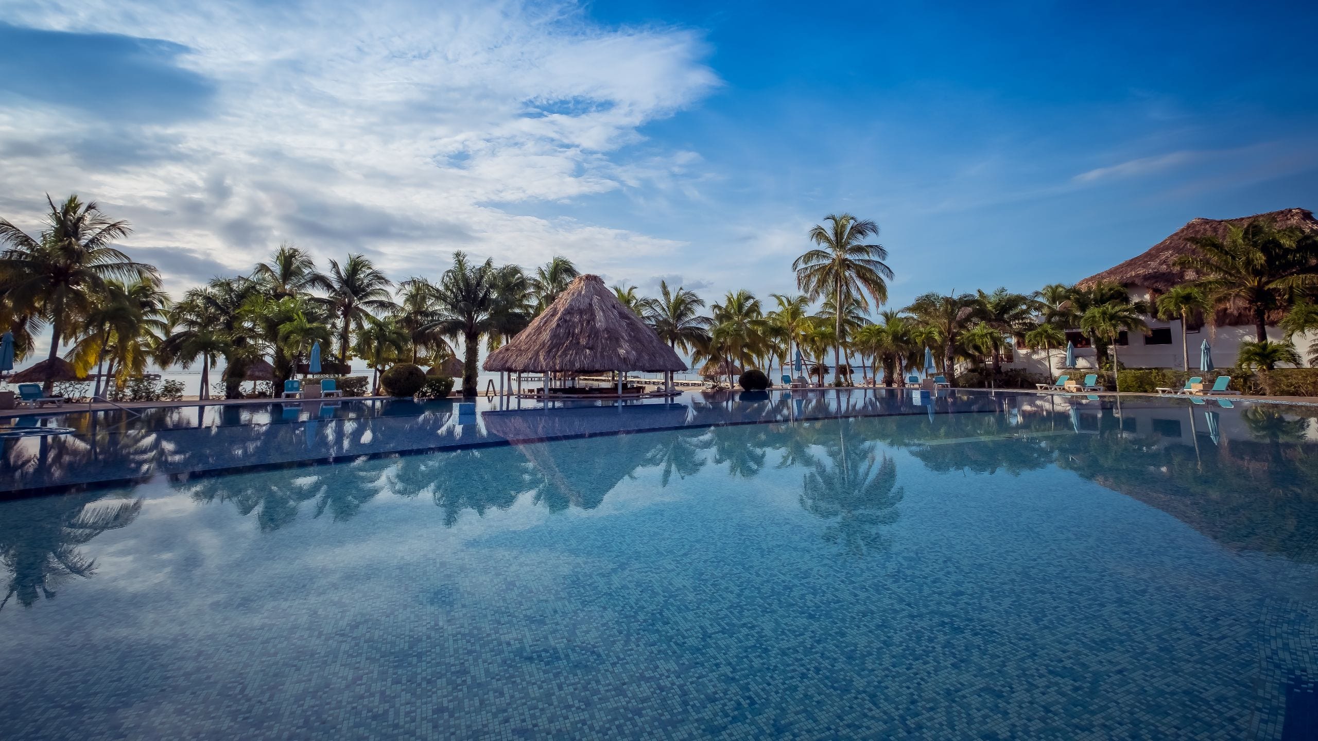 Placencia Resort Swimming Pool And Bar Palapa Ocean Backdrop