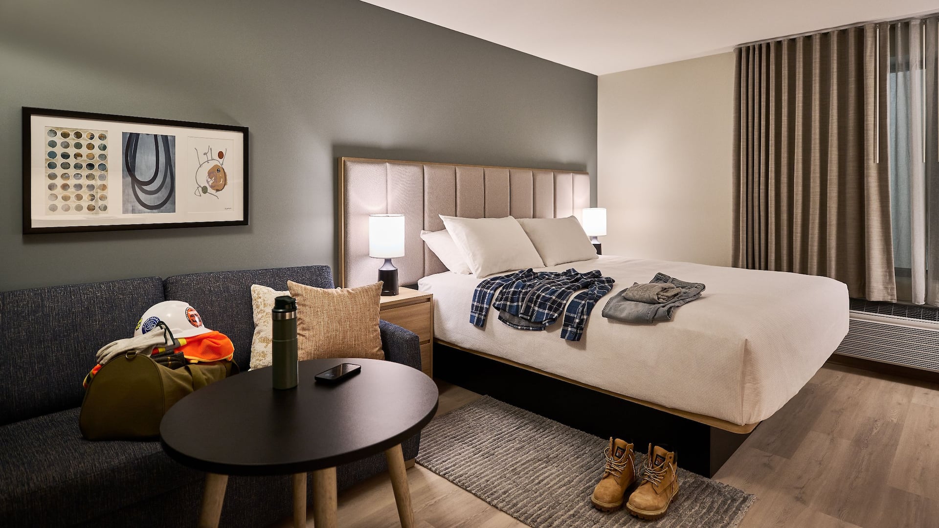 Hyatt Hotels Room Couch Hardhat Bag Bed Clothes Boots Jeans