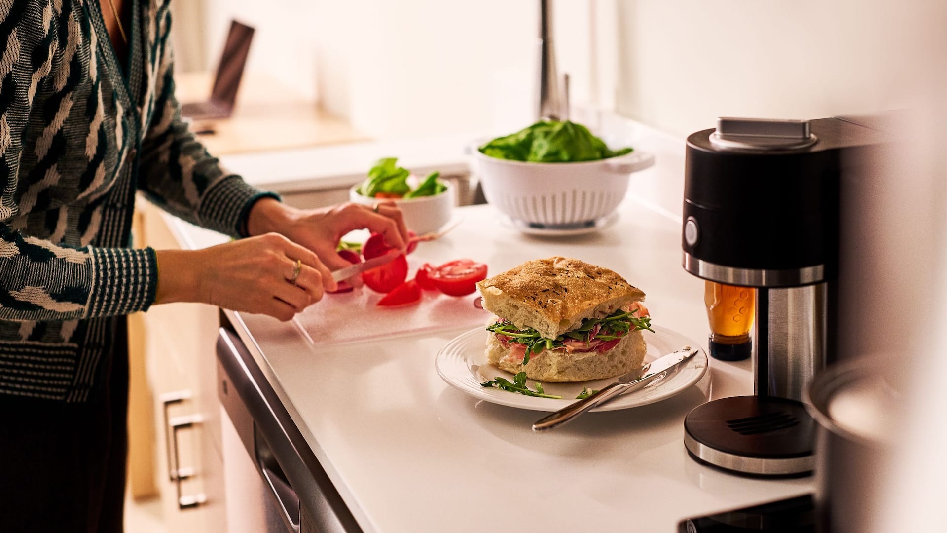 Kitchen Counter Woman Chopping Vegetables Sandwich Food