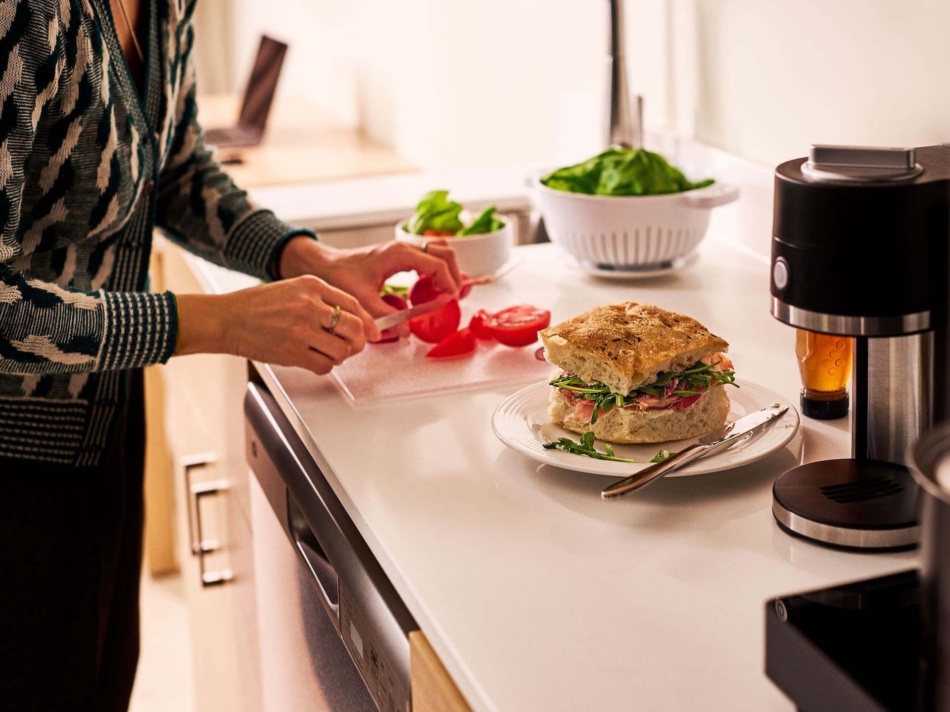 Hyatt Hotels Room Kitchen Counter Woman Chopping Vegetables Sandwich Food