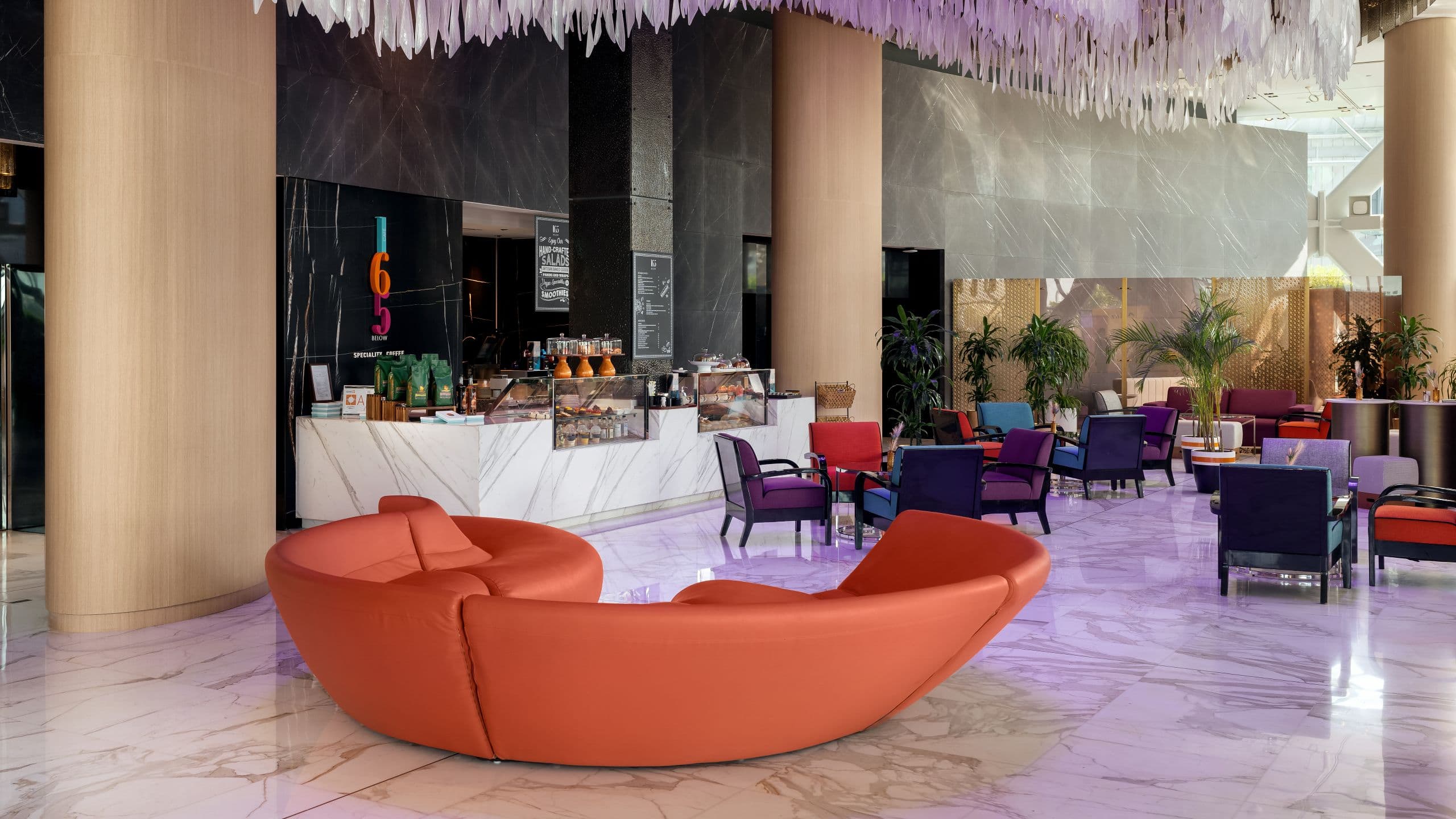 Specialty coffee shop ambience at 165 Below Café at the ground floor of Andaz Capital Gate Abu Dhabi Hotel Entrance