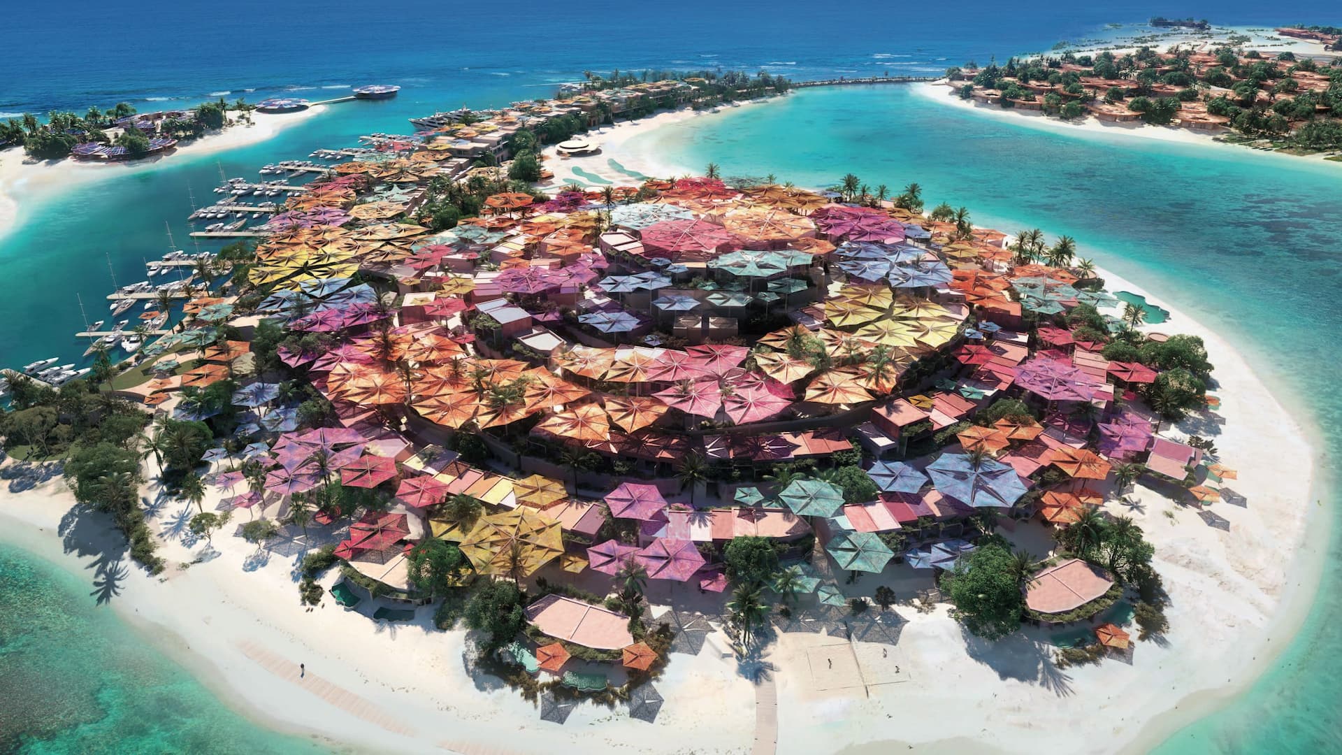 Aerial view of Grand Hyatt The Red Sea Hotel, a luxury hotel in Saudi Arabia, feature umbrella-shaped structures on a sandy beach surrounded by clear blue ocean water.