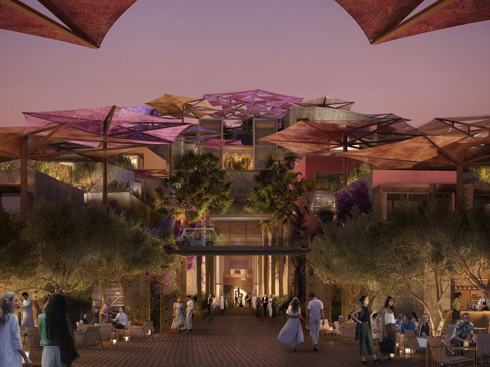 Wedding venue in Saudi Arabia surrounded by modern architecture and illuminated by soft lighting – ideal for a memorable wedding in Saudi Arabia