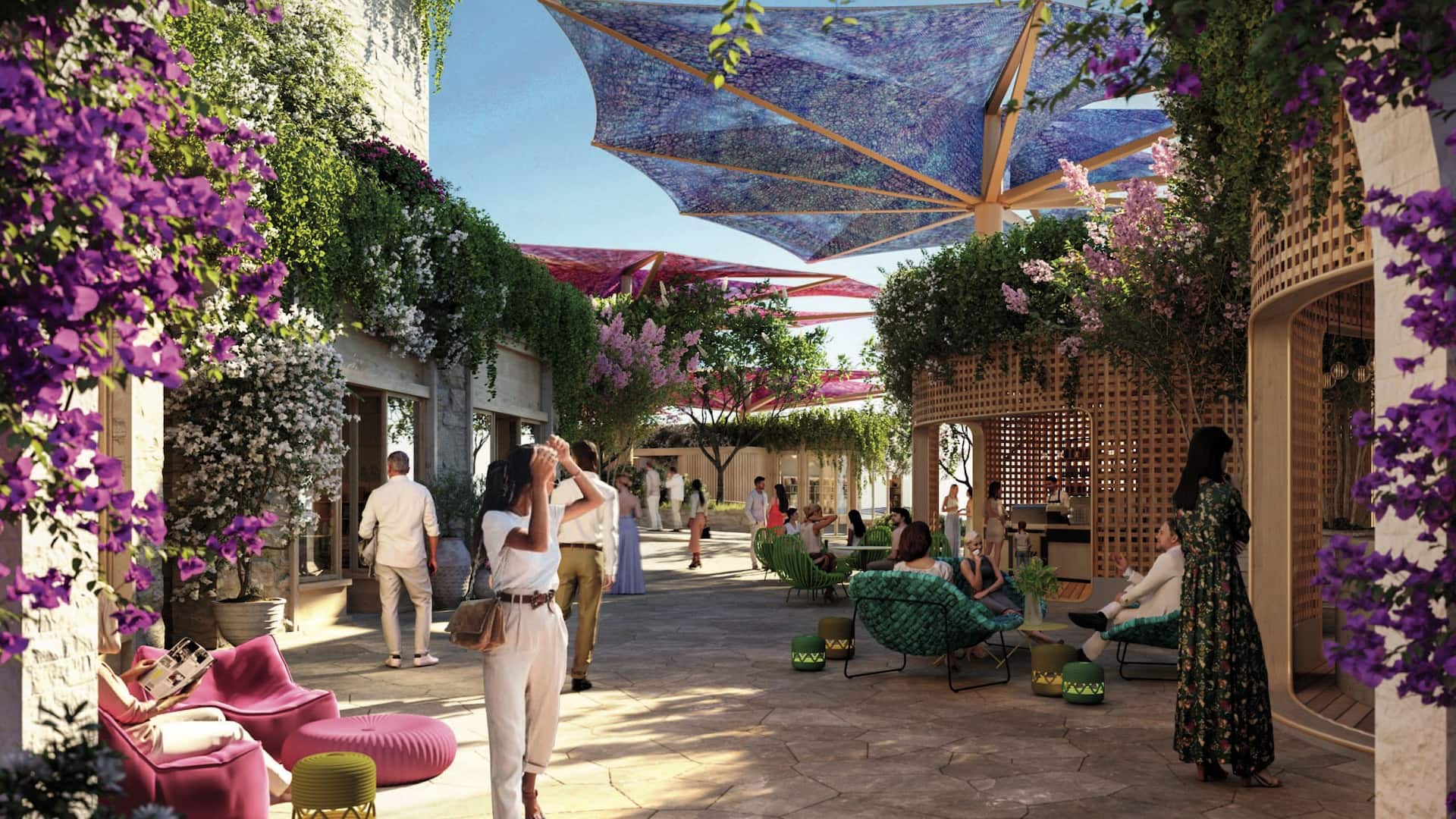 People relax in a vibrant Restaurants with colorful umbrellas and lush greenery on a sunny day at the Grand Hyatt Red Sea, a luxury hotel in Saudi Arabia.