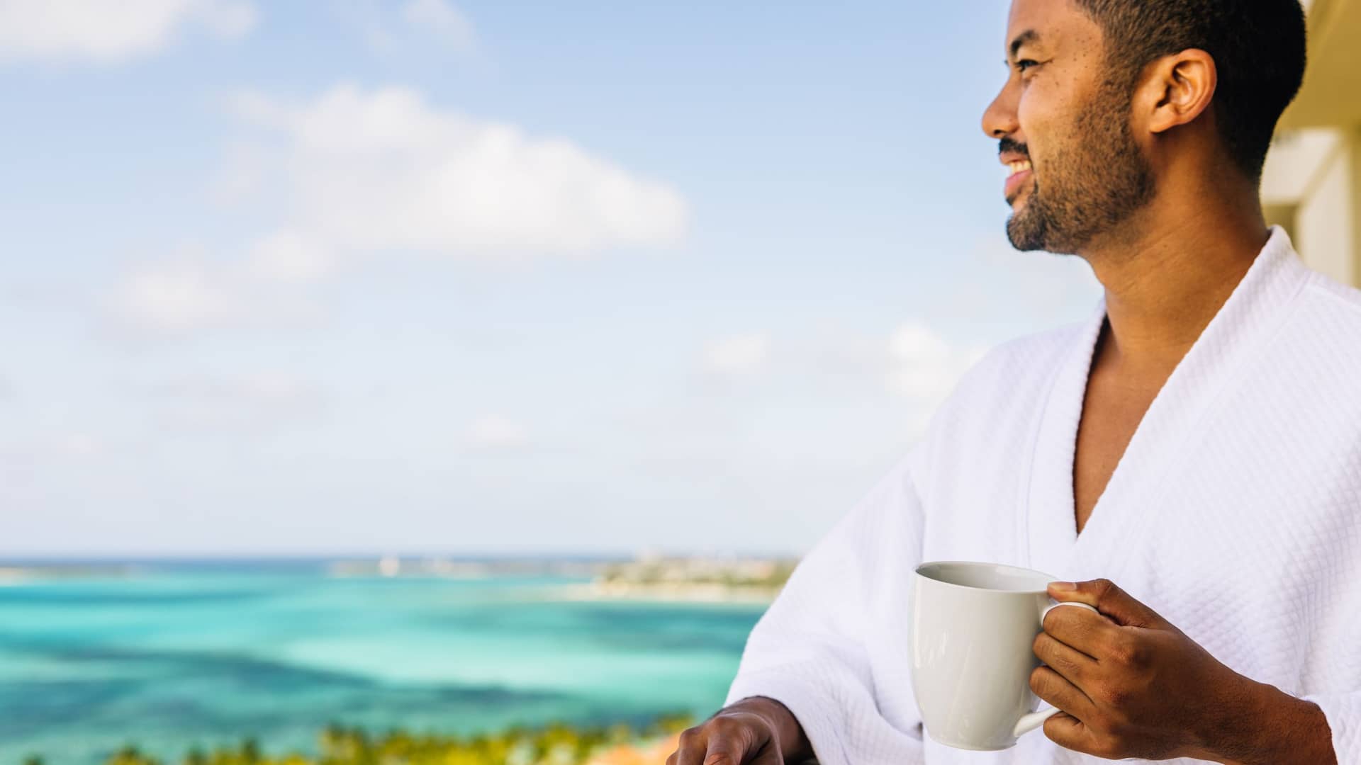 Grand Hyatt Baha Mar Guest Room Male Robe Coffee Balcony