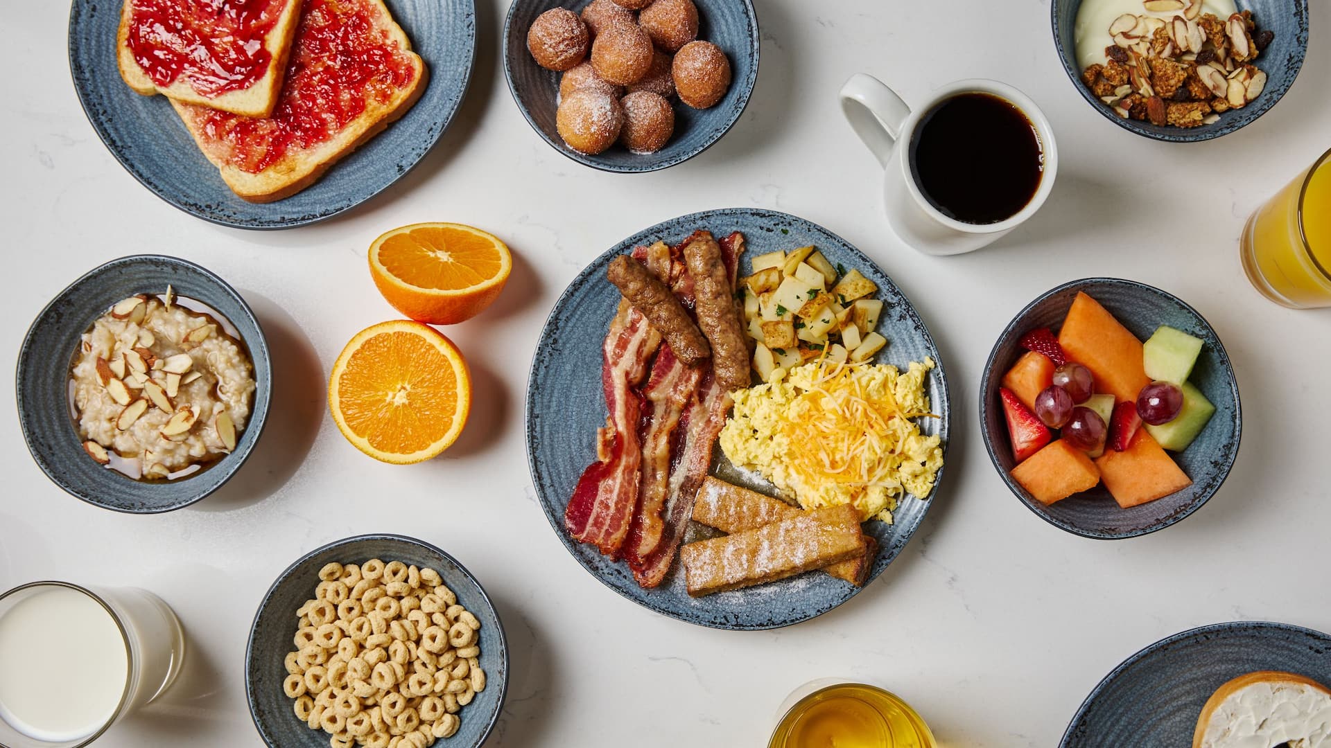 Hyatt Place HP_P0522 Breakfast Eggs Cereal Bacon Coffee Fruit Waffles Juice Spread