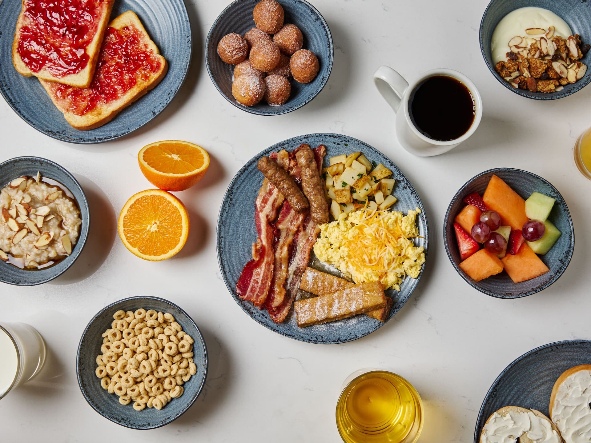 Hyatt Place HP_P0522 Breakfast Eggs Cereal Bacon Coffee Fruit Waffles Juice Spread