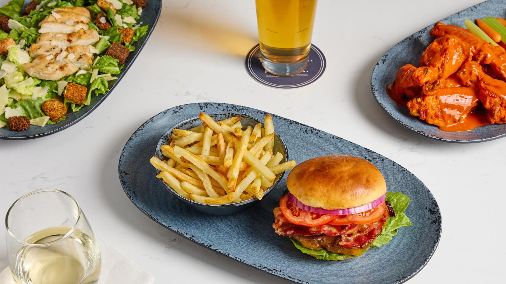 Hyatt Place HP_P0528 Lunch Dinner Burger Fries Wings Salad Wine Beer