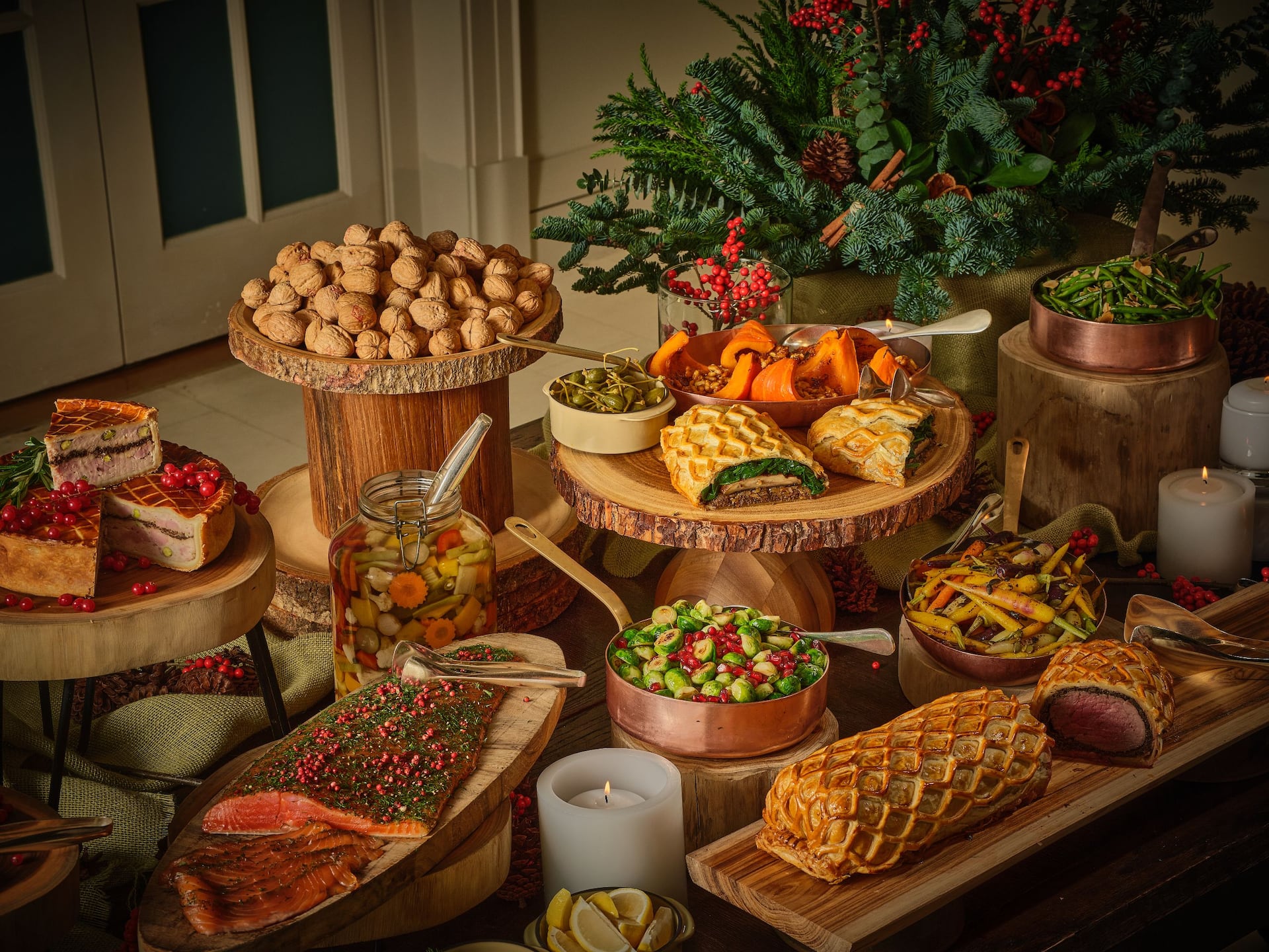 Global Holiday Buffet Table with Chestnuts and Wellington