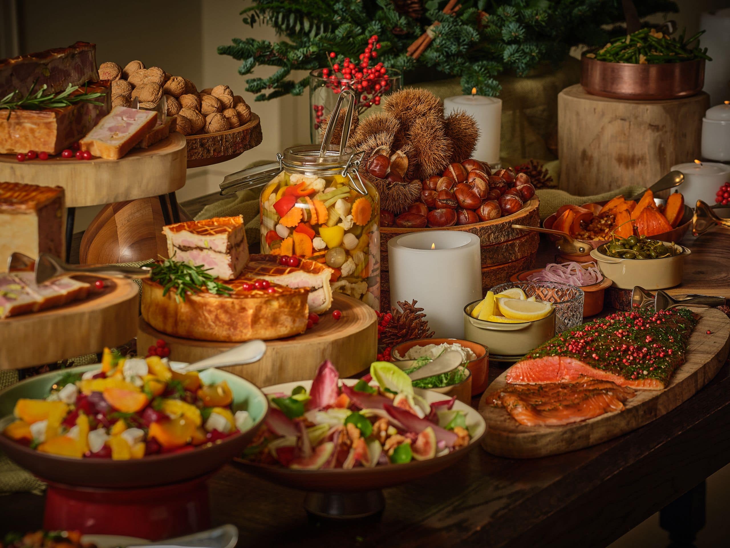 Global Holiday Buffet with Smoked Salmon Salads Pate en Croute