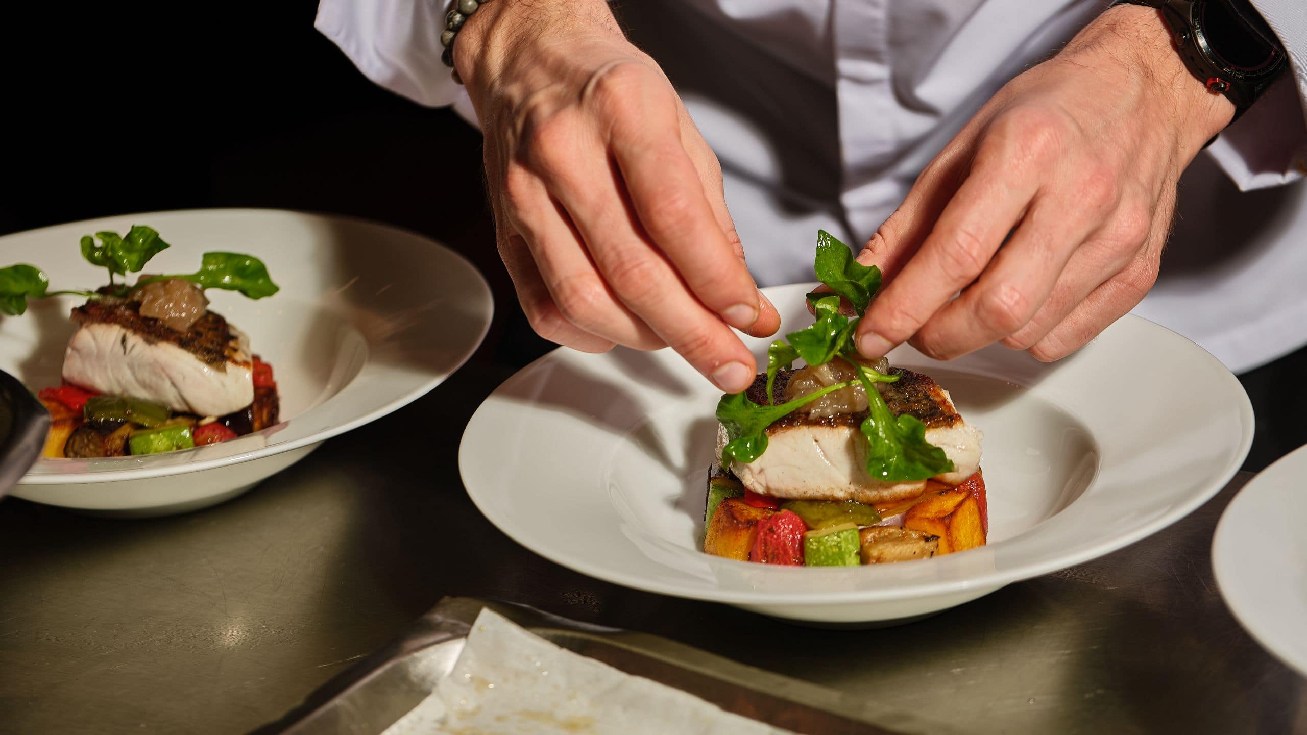 Global Pan Seared Barramundi Saffron Ratatouille Chef Plate Up