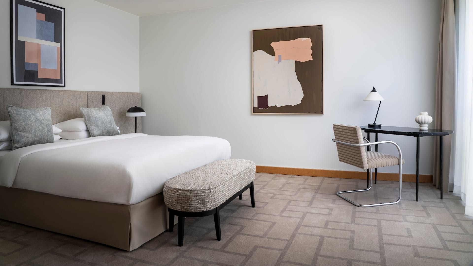 Modern bedroom with warm and bright colors in apartment of Hyatt Regency Mainz