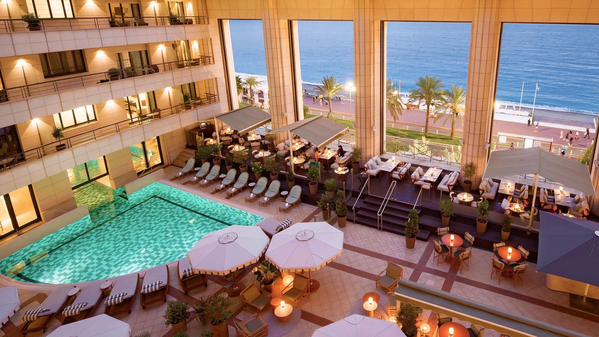 Terrace view, pool, and sea view with an amazing golden hour – Hyatt Regency Nice Palais de la Méditerranée