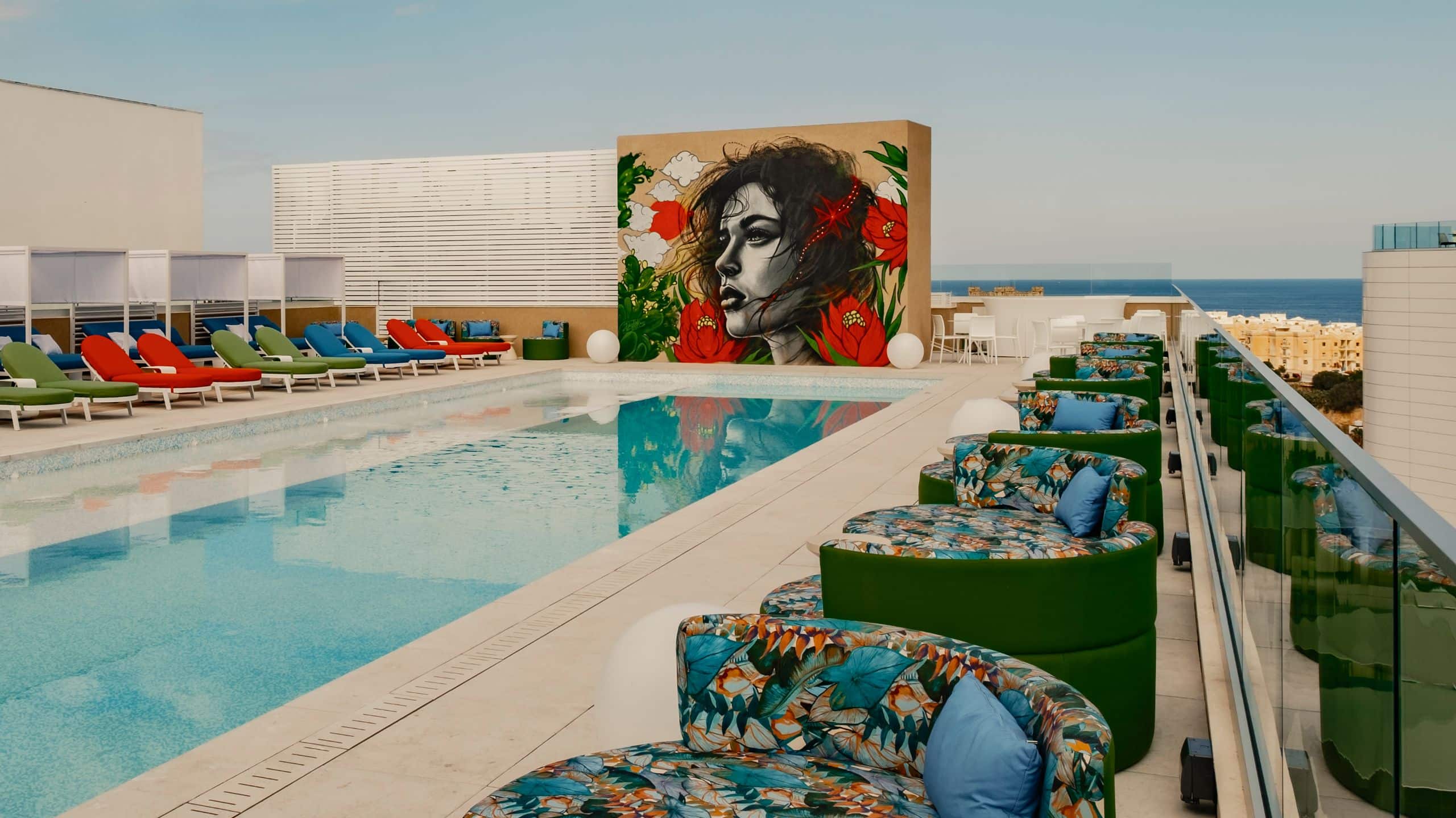 Hyatt Centric Malta Rooftop Pool Side View With Lounge Beds