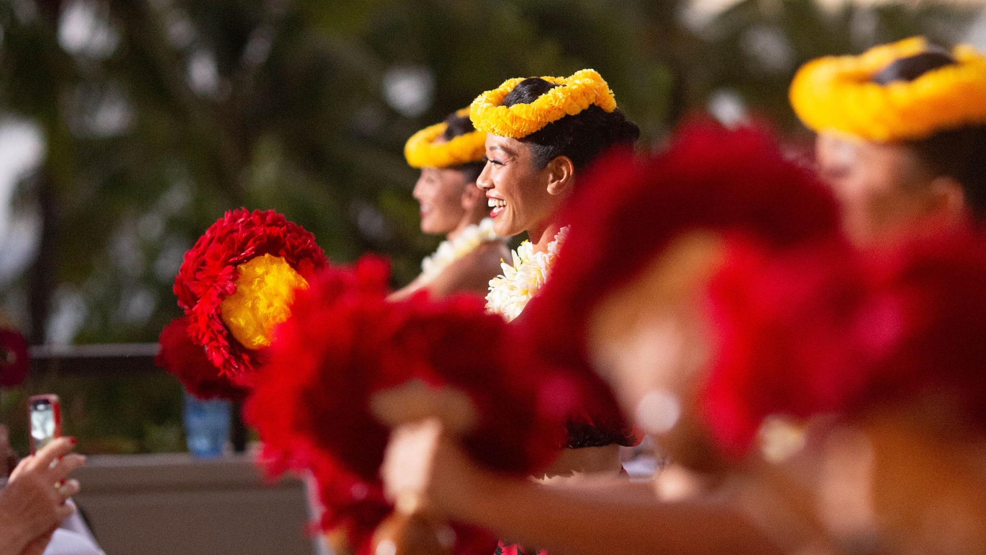 Hyatt Regency Waikiki Beach Resort and Spa Na Lei Aloha Luau Dancers With Hula Implements