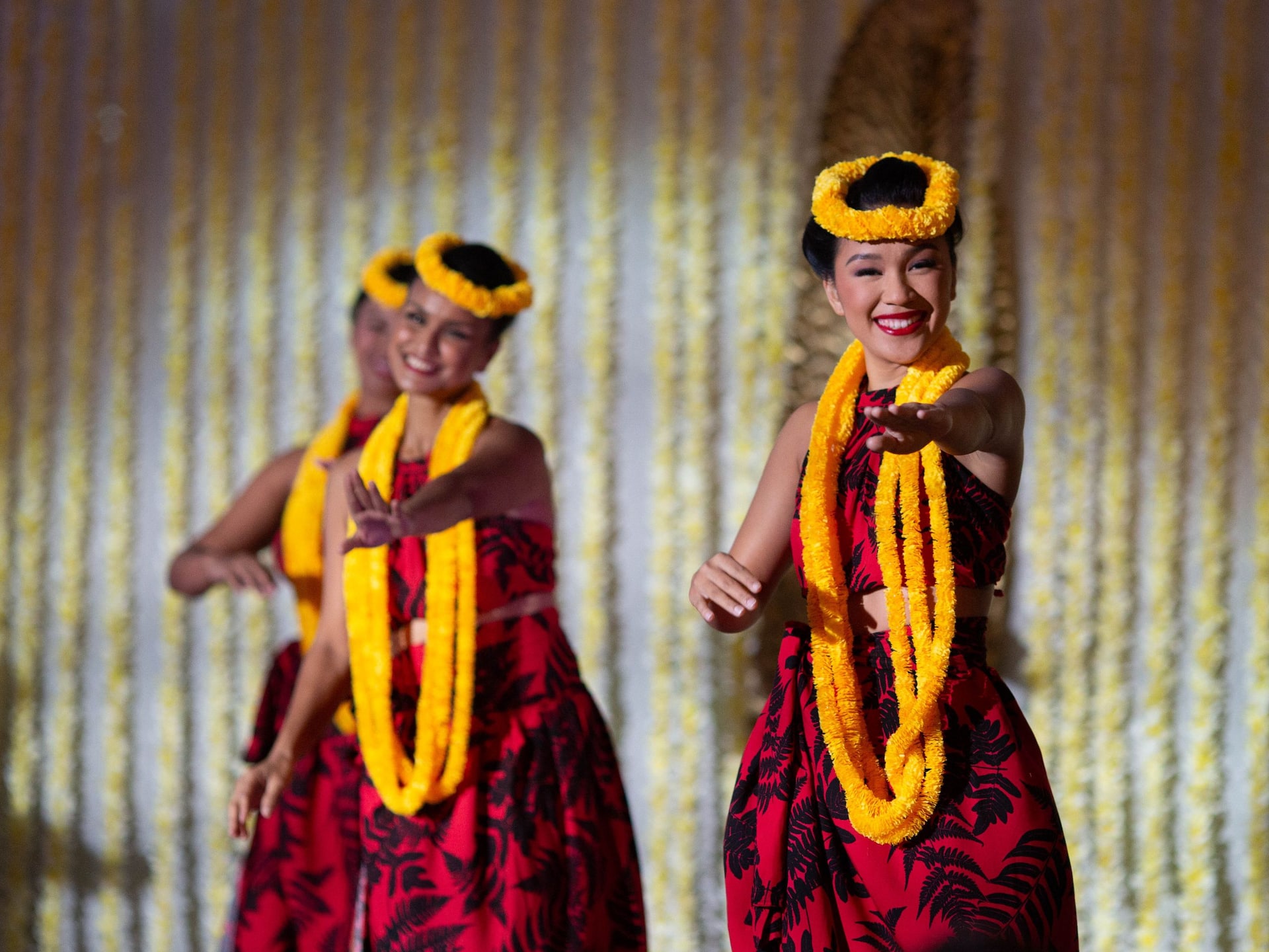 Hyatt Regency Waikiki Beach Resort and Spa Na Lei Aloha Luau Female Dancers Flowerbackdrop