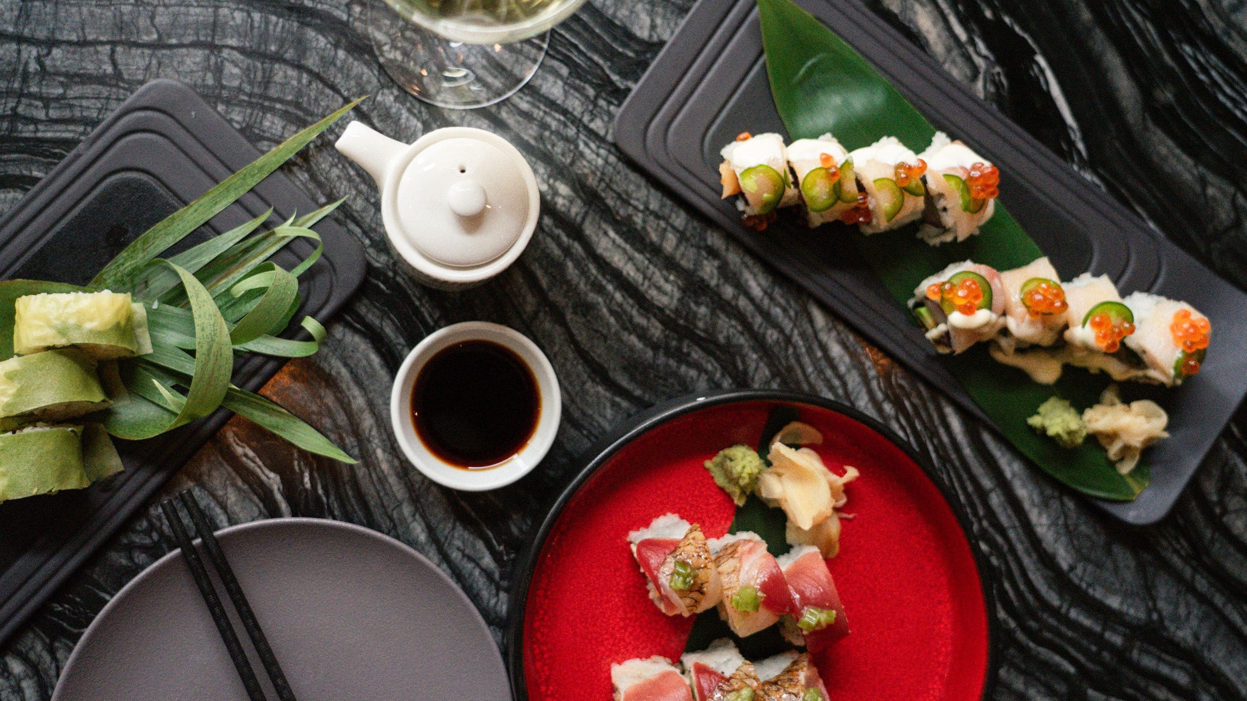 Park Hyatt Chicago Nomi Lounge Sushi Spread With White Wine