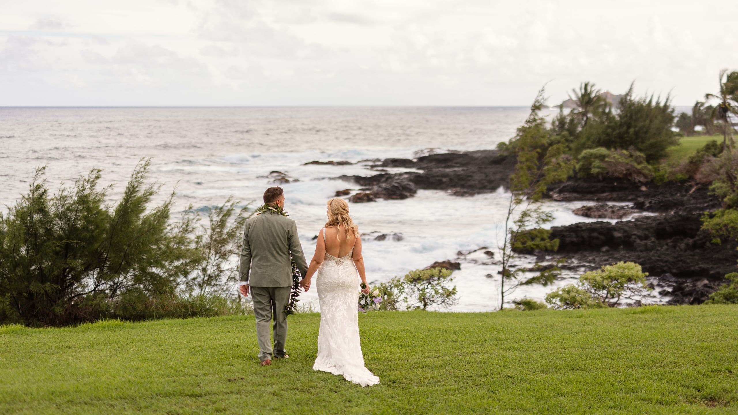 Hana-Maui Resort Wedding Couple Walking Along Oceanside