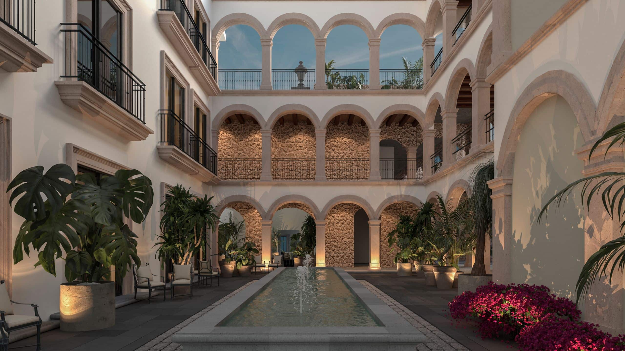 Hyatt Centric Querétaro Interior Courtyard And Fountain Evening
