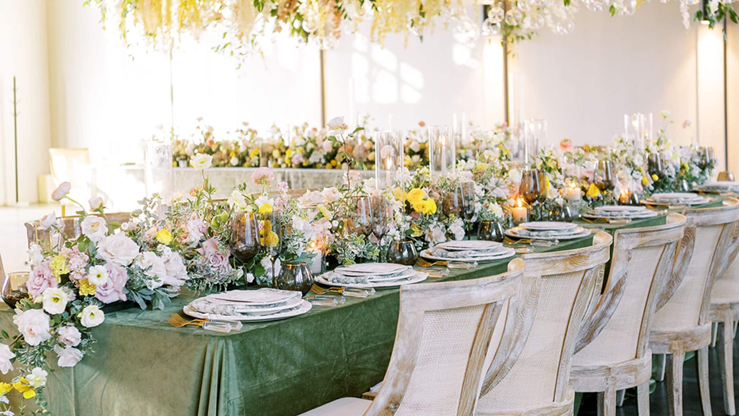 Alila Napa Valley Acacia Barn Reception Table Hanging Flowers