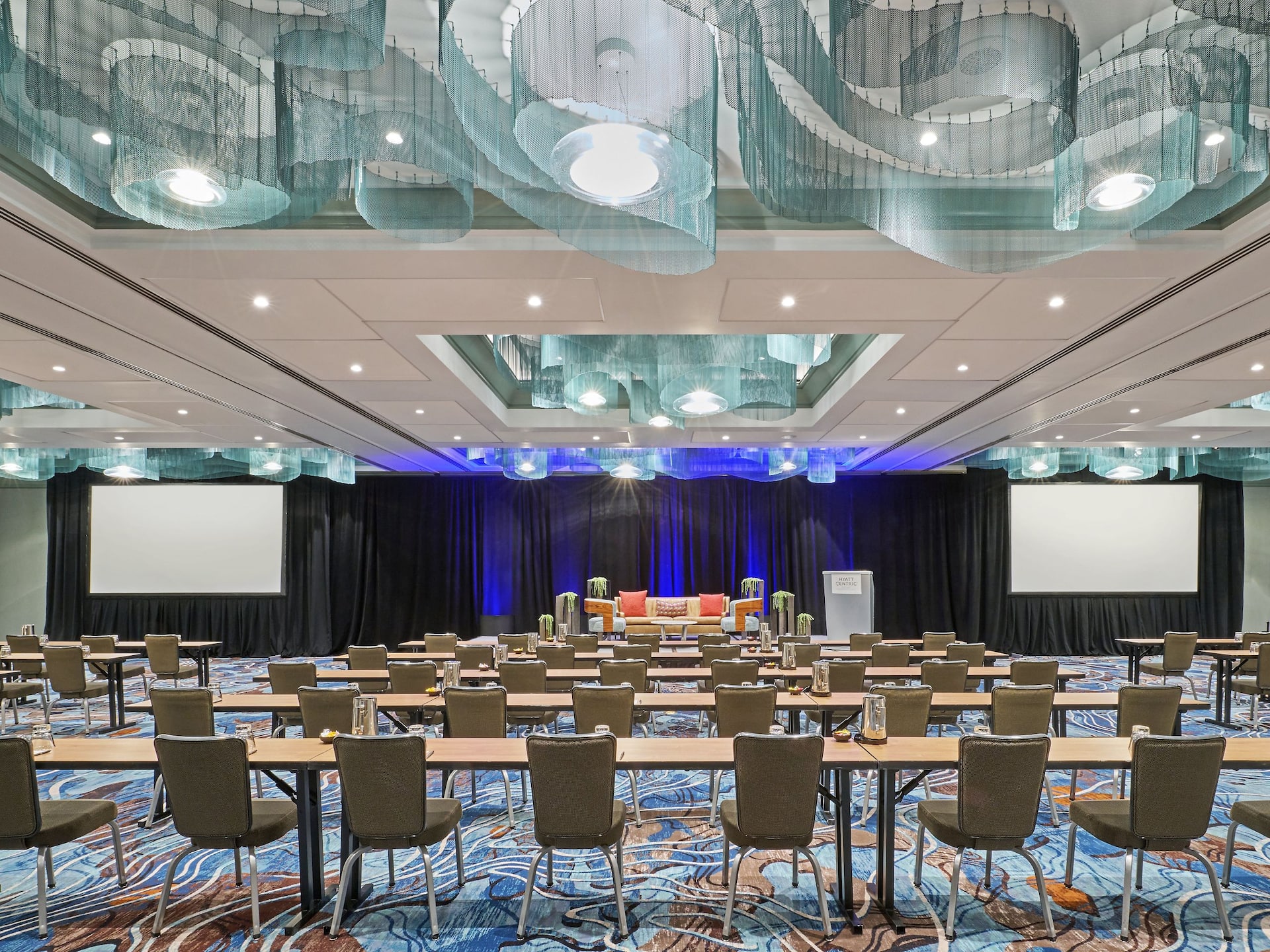 Hyatt Centric Chicago Magnificent Mile Grand Ballroom Classroom Setup Wide View
