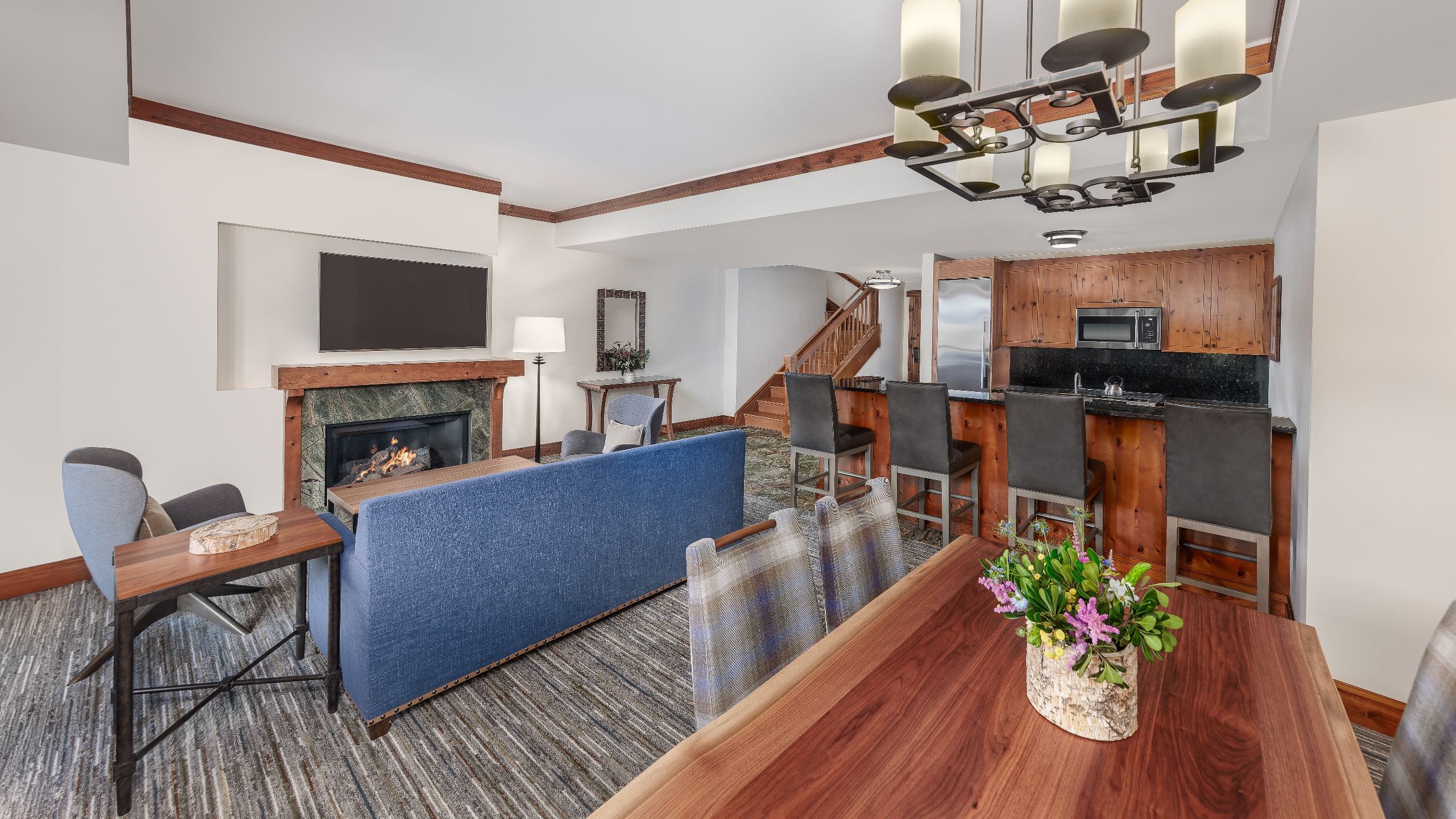 The Lodge at Spruce Peak Three Bedroom Penthouse Living Dining Kitchen