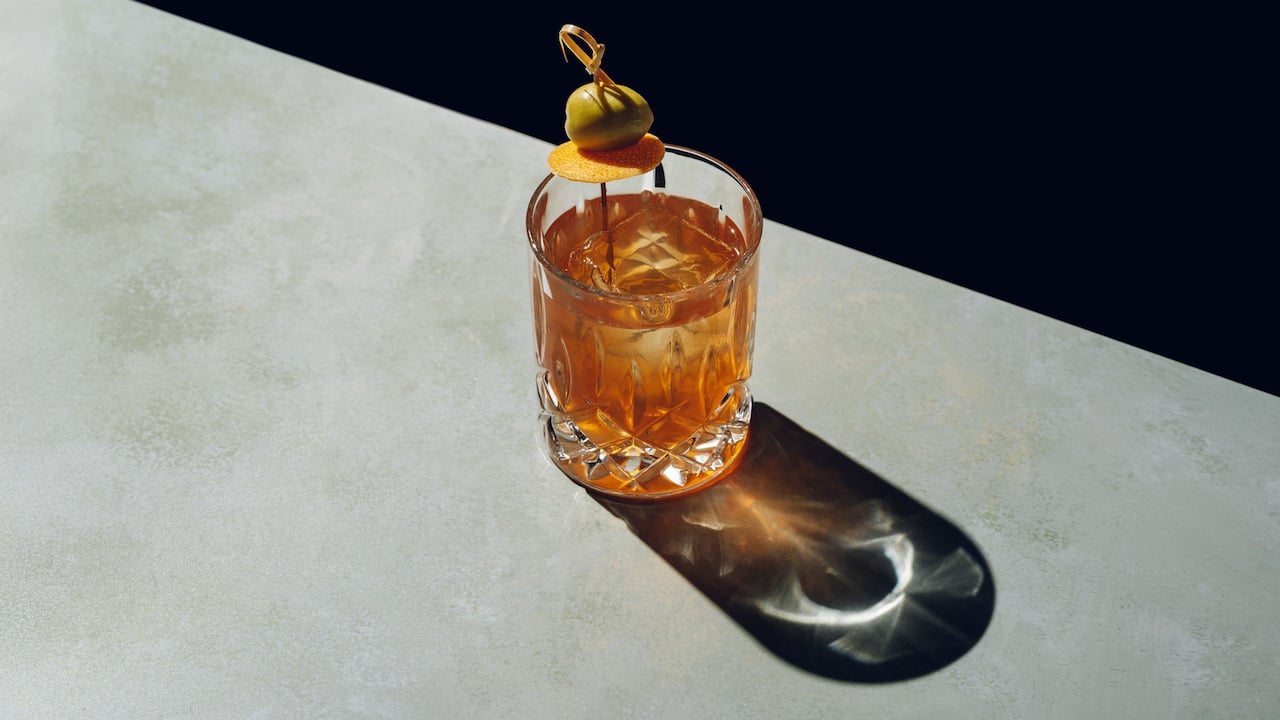 Old Fashioned Drink Orange Olive Ice Shadow