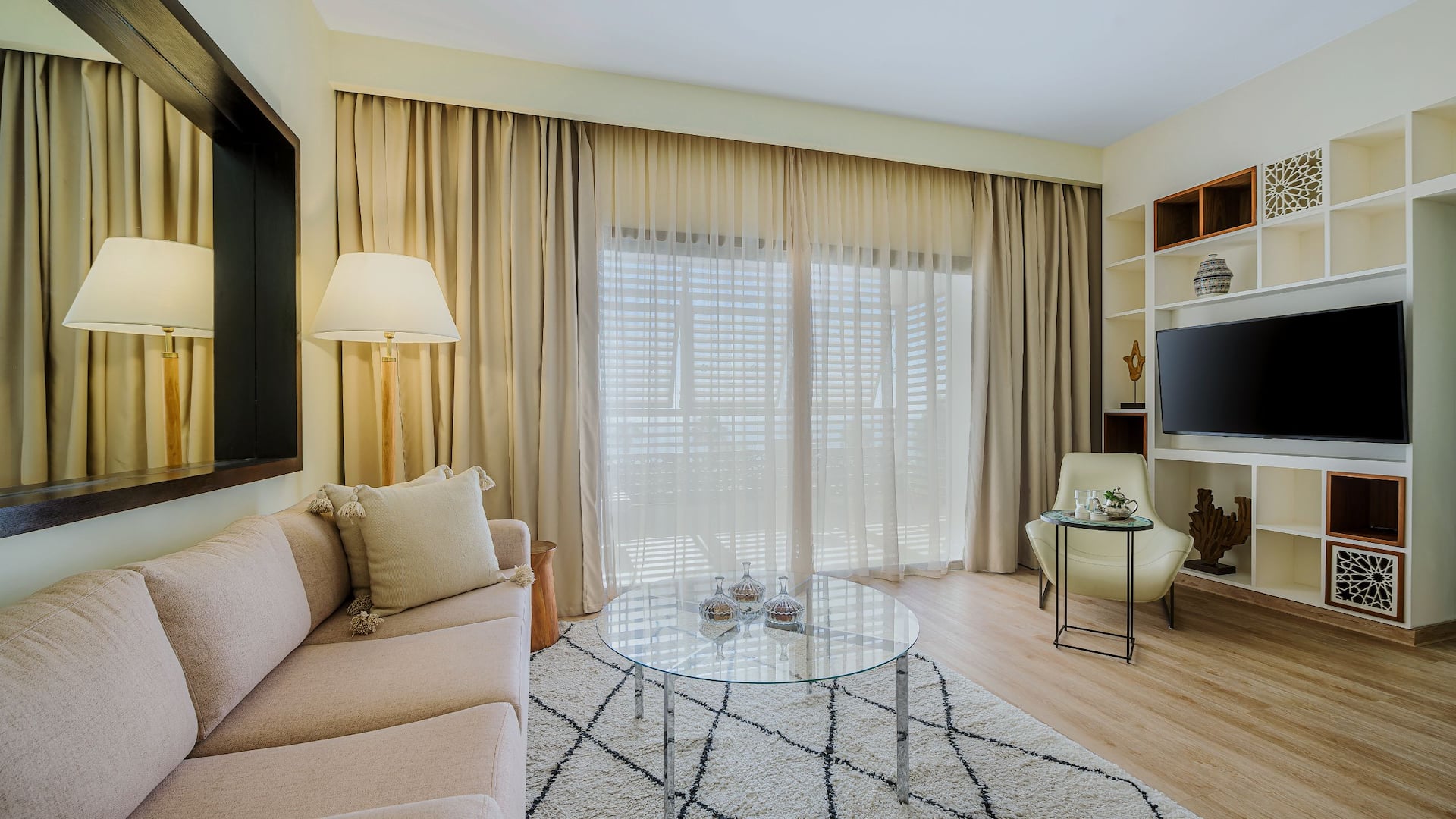 Hyatt Place Taghazout Bay Living Room With Sofa And Tv