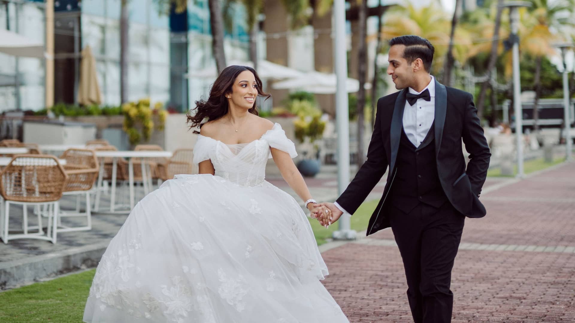 Hyatt Regency Trinidad Bridal Couple Walking On Esplanade