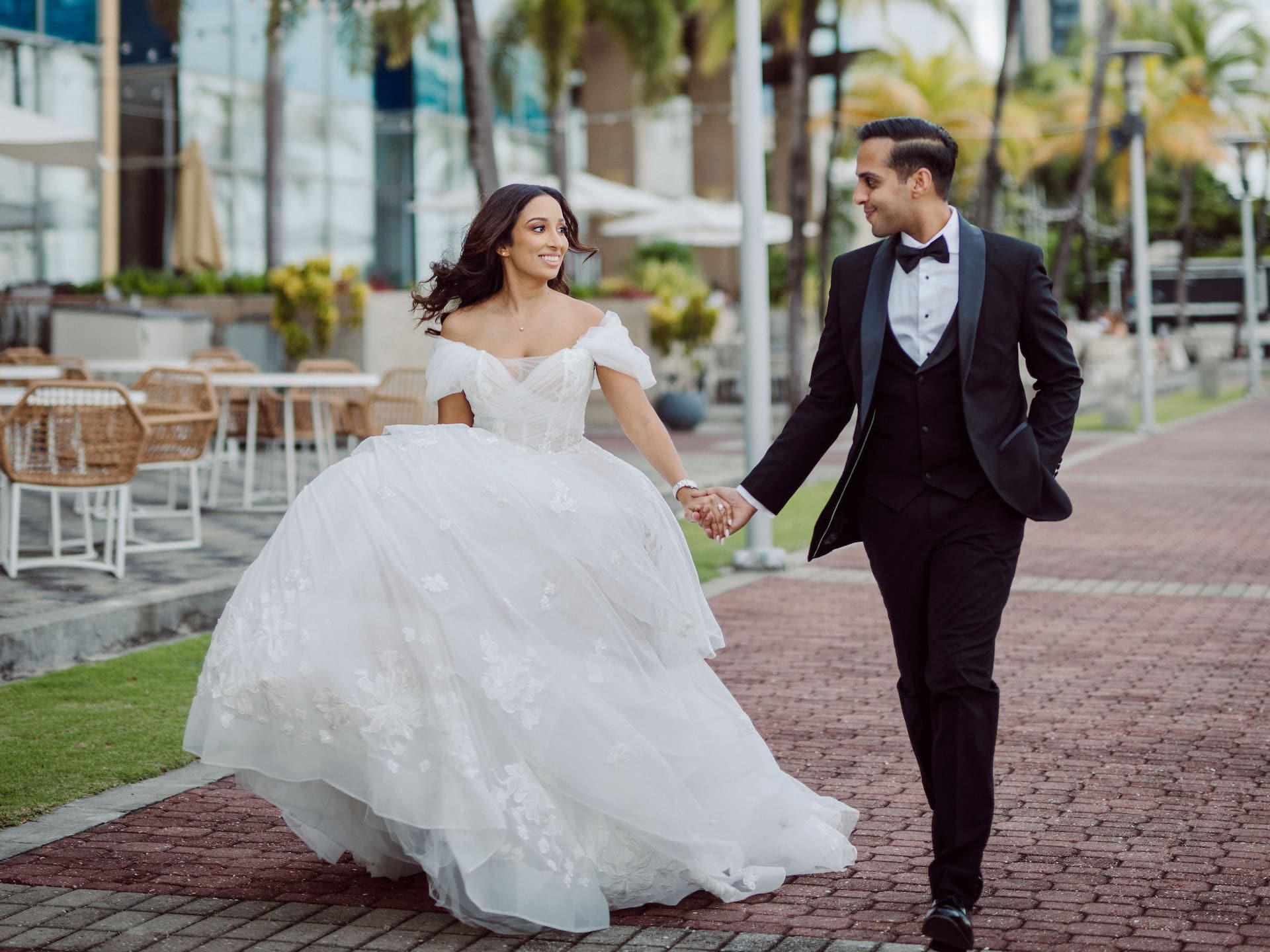Hyatt Regency Trinidad Bridal Couple Walking On Esplanade