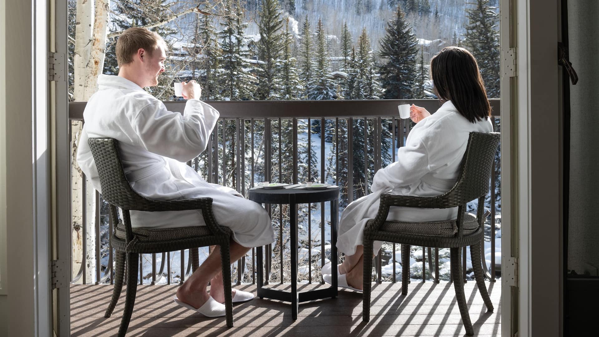 Grand Hyatt Vail Couple Drinking Coffee on Outdoor Balcony