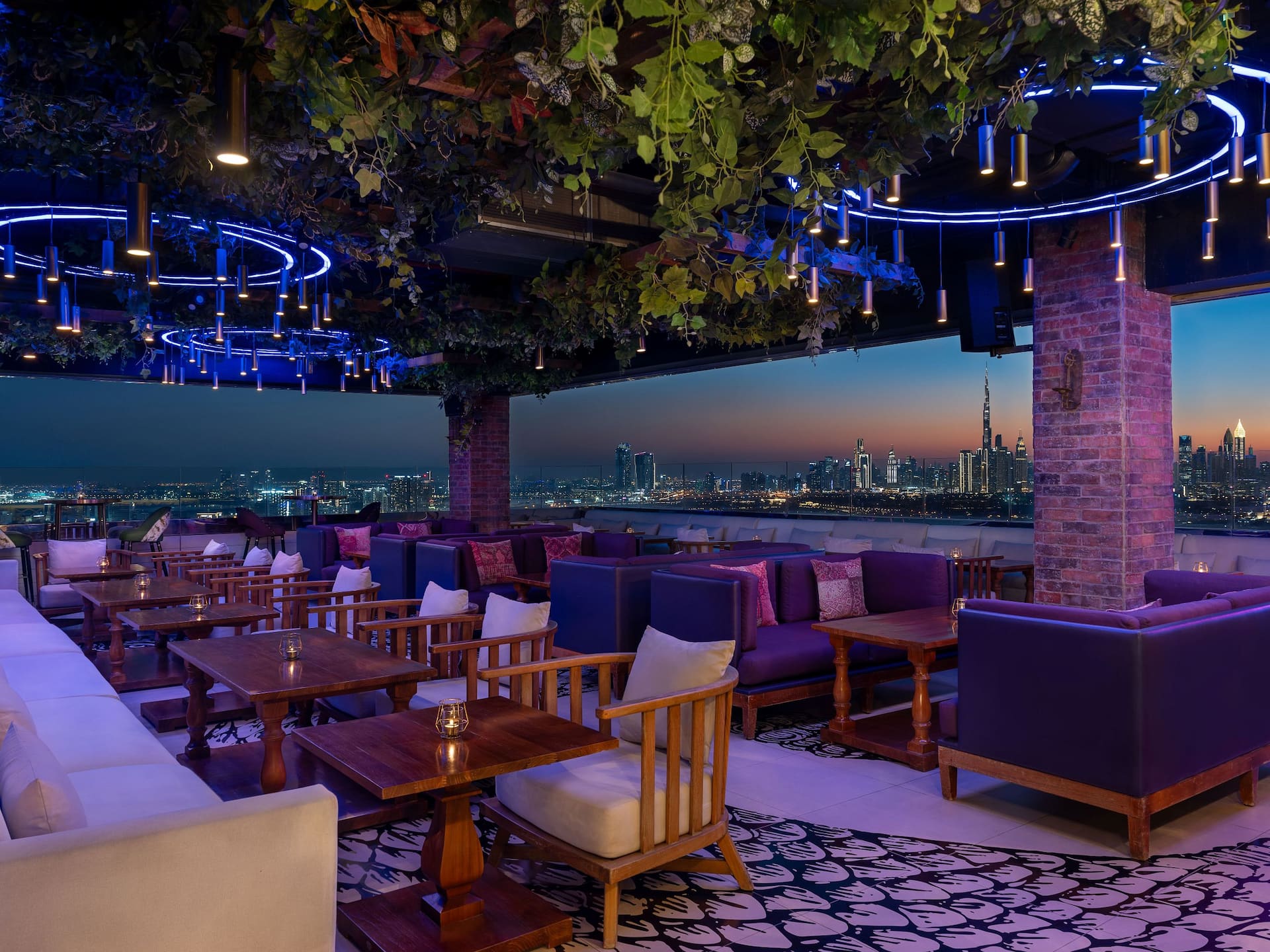 A panoramic view of Dubai from the terrace of Eve Penthouse & Lounge at Hyatt Regency Dubai Creek Heights.