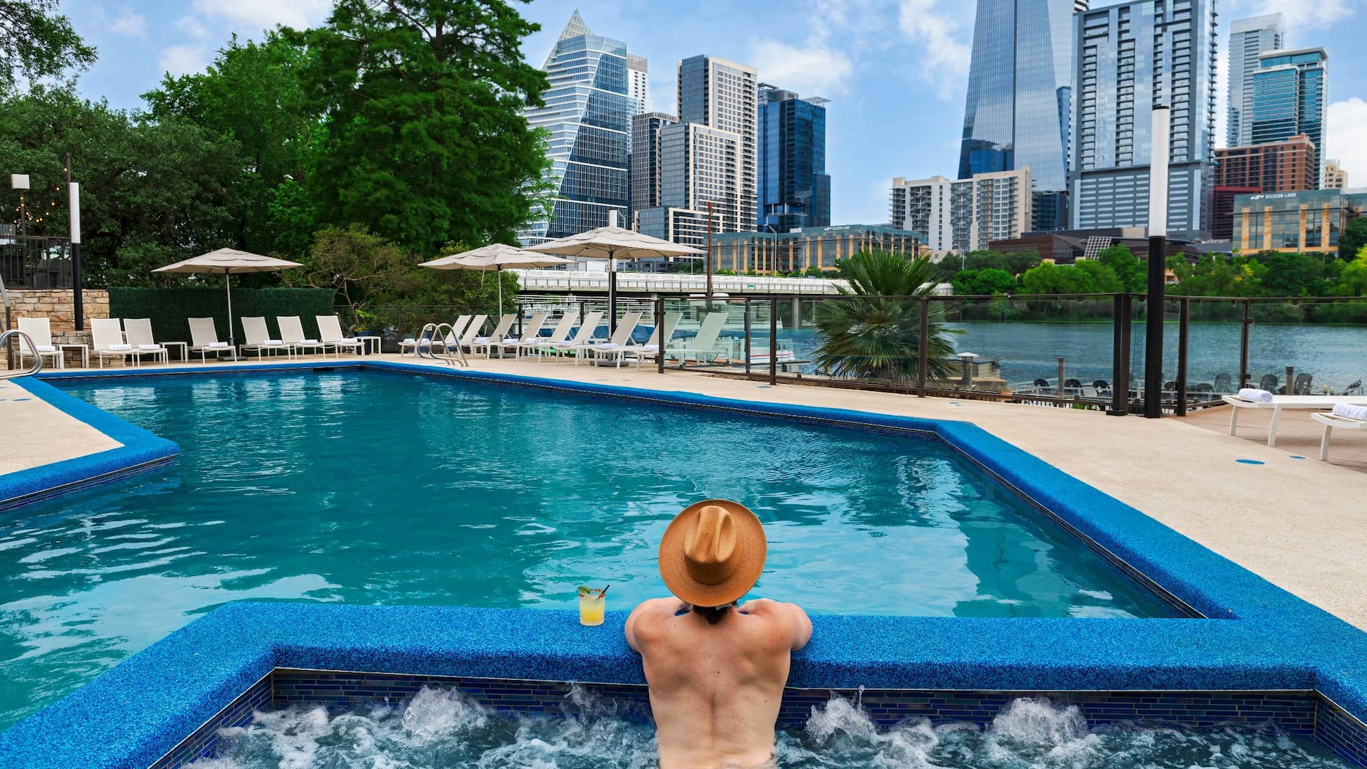 Hyatt Regency Austin Man In Hot Tub Skyline View