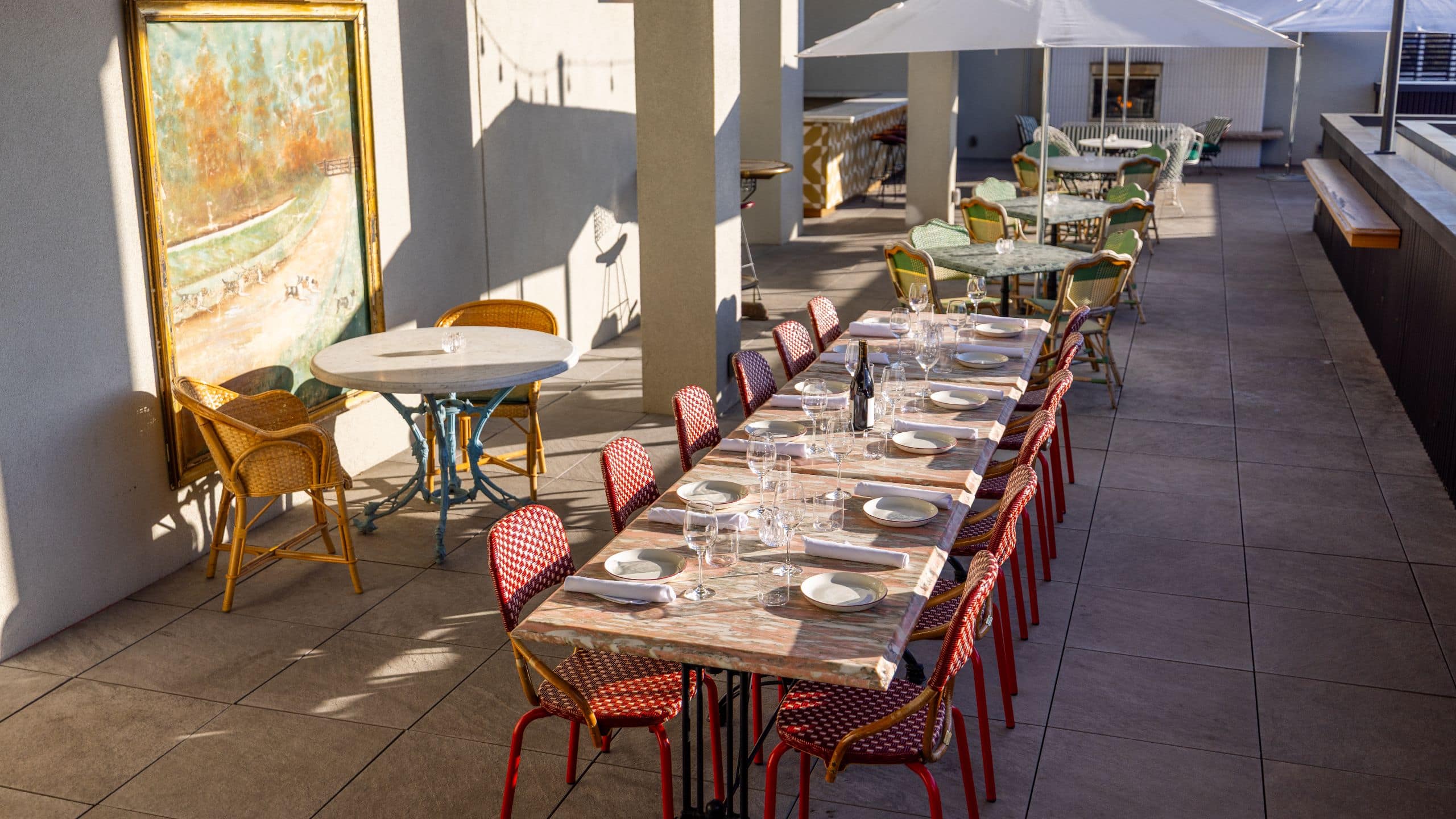 Hotel Genevieve, Bunkhouse Hotels Patio Event Set Up And Umbrellas