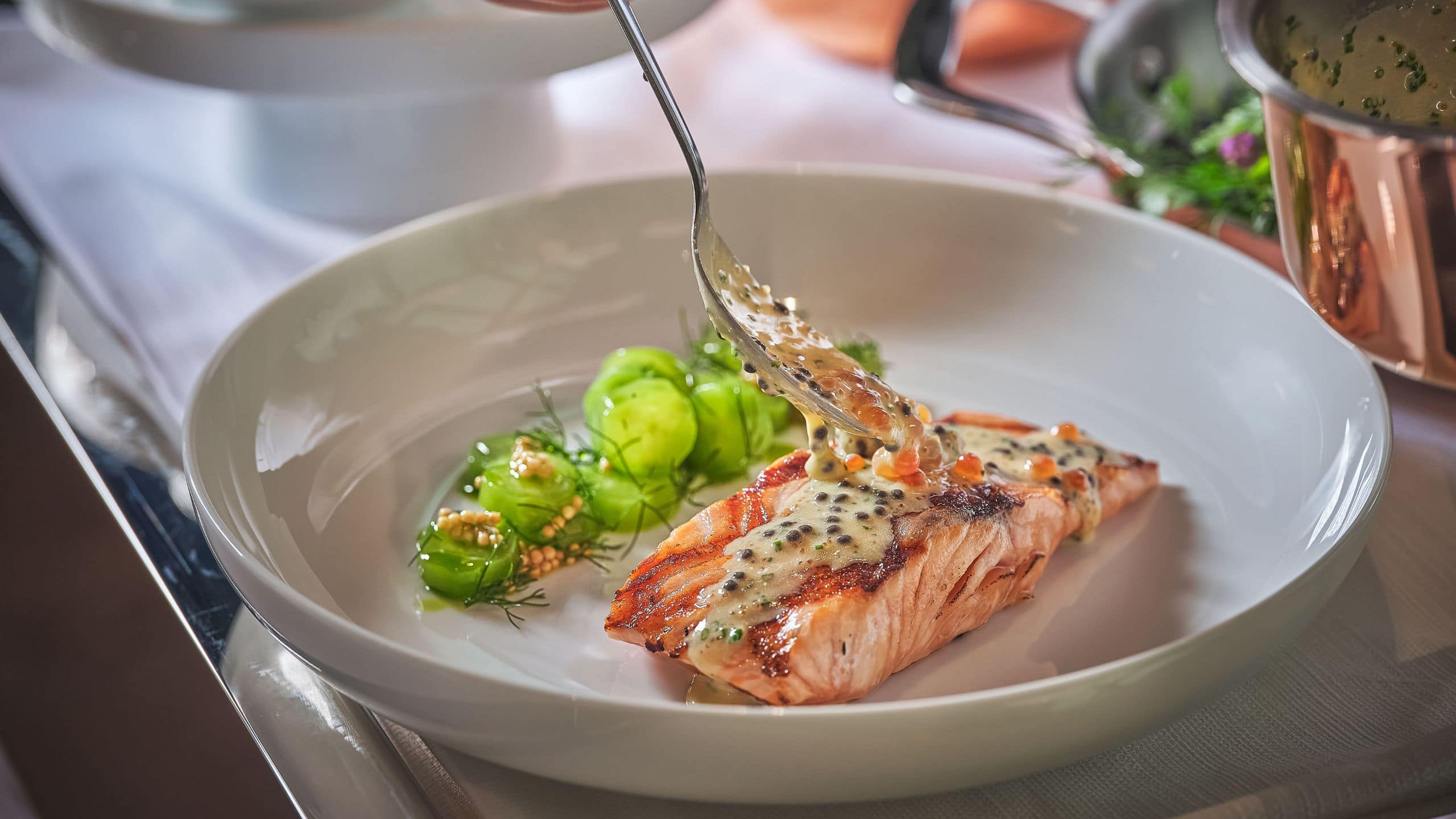 Park Hyatt Kuala Lumpur Atlantic Salmon Roasted On Cedar Wood Sauce Pouring