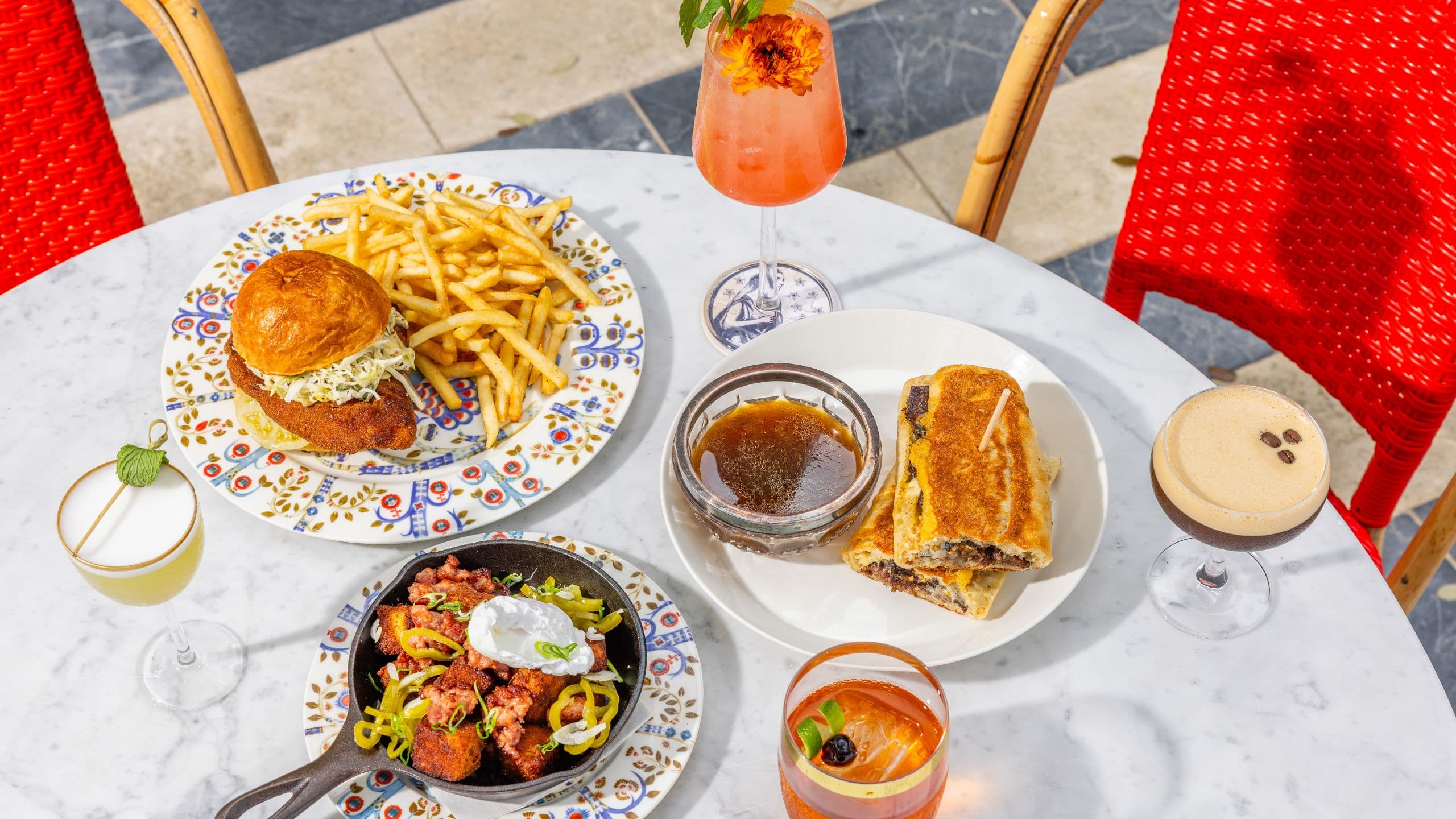 Hotel Saint Cecilia, Bunkhouse Hotels Breakfast Hash Cecilias Dip Fried Chicken Sandwich Drinks