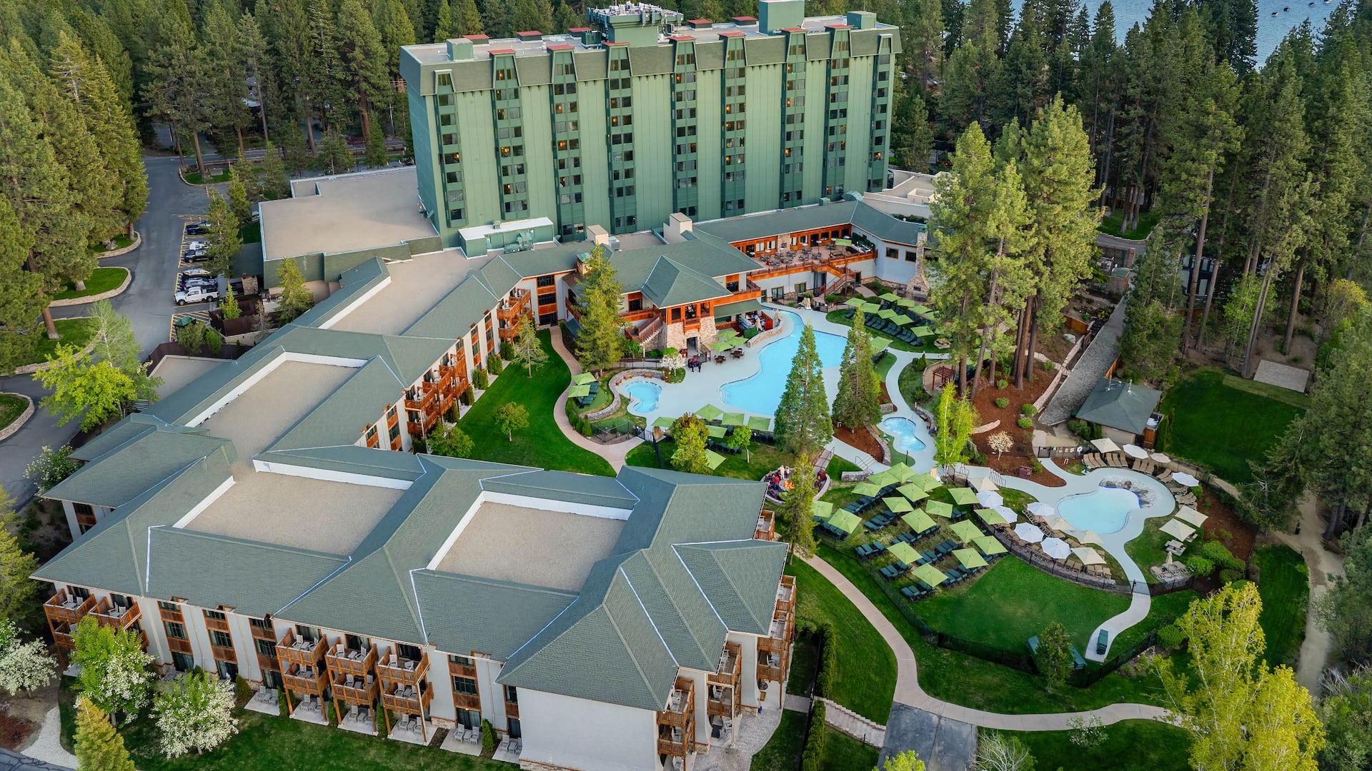 Hyatt Regency Lake Tahoe Resort, Spa and Casino Aerial Pool View Twilight